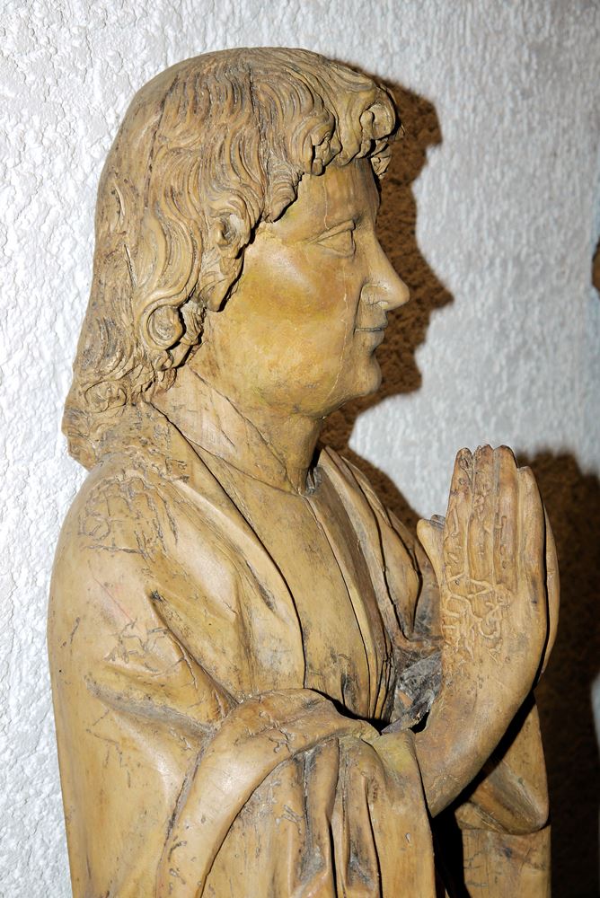 Saintly figure, probably Apostle John, wooden sculpture, 17th/18th century. - Image 3 of 5