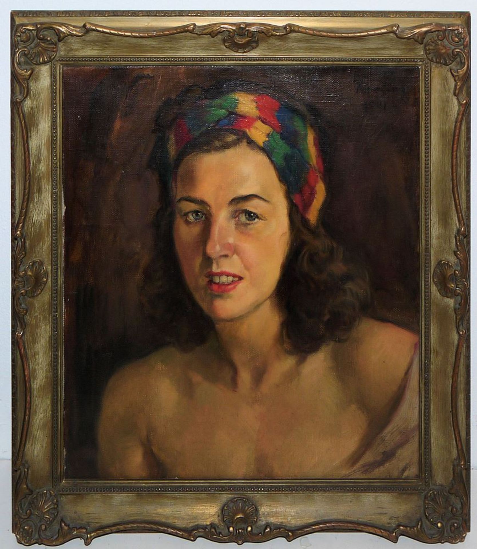 Wilhelm Hempfing, Portrait of a Beautiful Woman with a Colourful Hair Scarf, oil painting from 1941