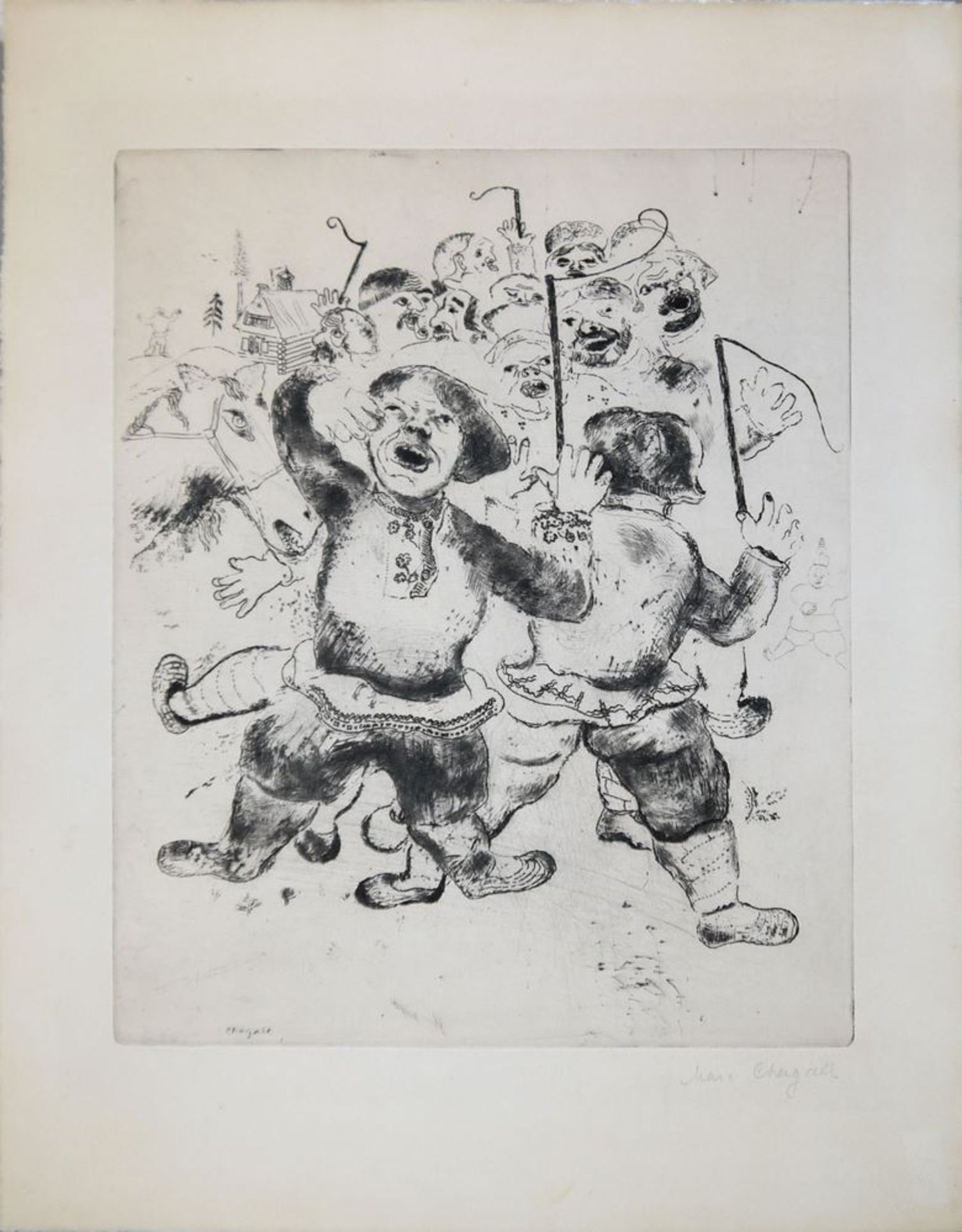 Marc Chagall, "Attroupement des Paysans" (Mob of Peasants), signierte Kaltnadelradierung aus "Les Â