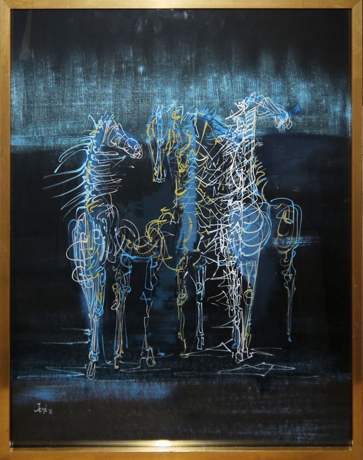 Edgar Jené, 3 Horses, mixed media from 1958, framed