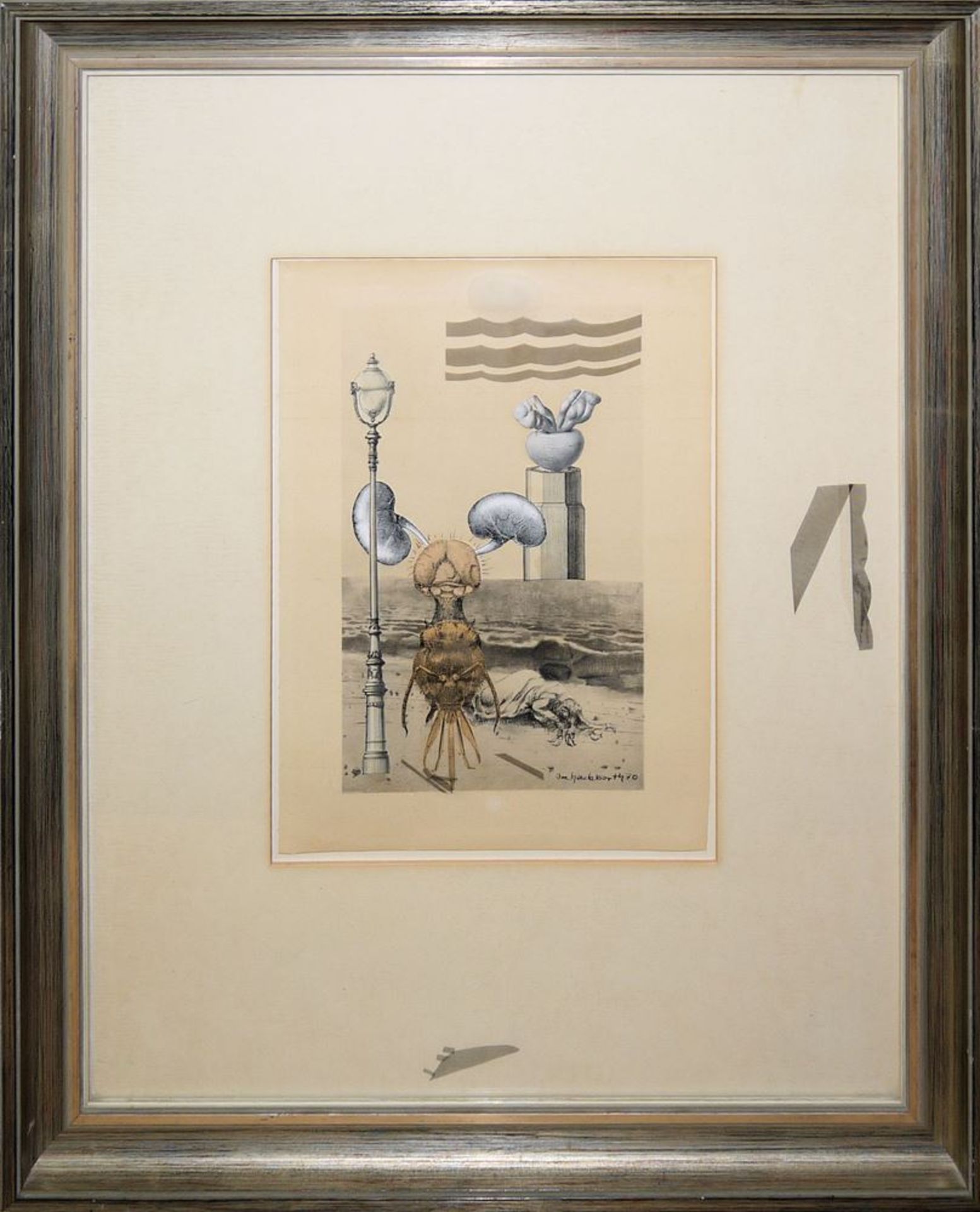 Joe Hackbarth, Sea Creatures with Street Lamp and Kidneys, surreal collage from 1970, framed