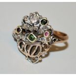 Sog. Giardinetto-Ring mit Diamanten und Farbsteinen, Gold/Silber, Niederlande, 18. Jh., selten!