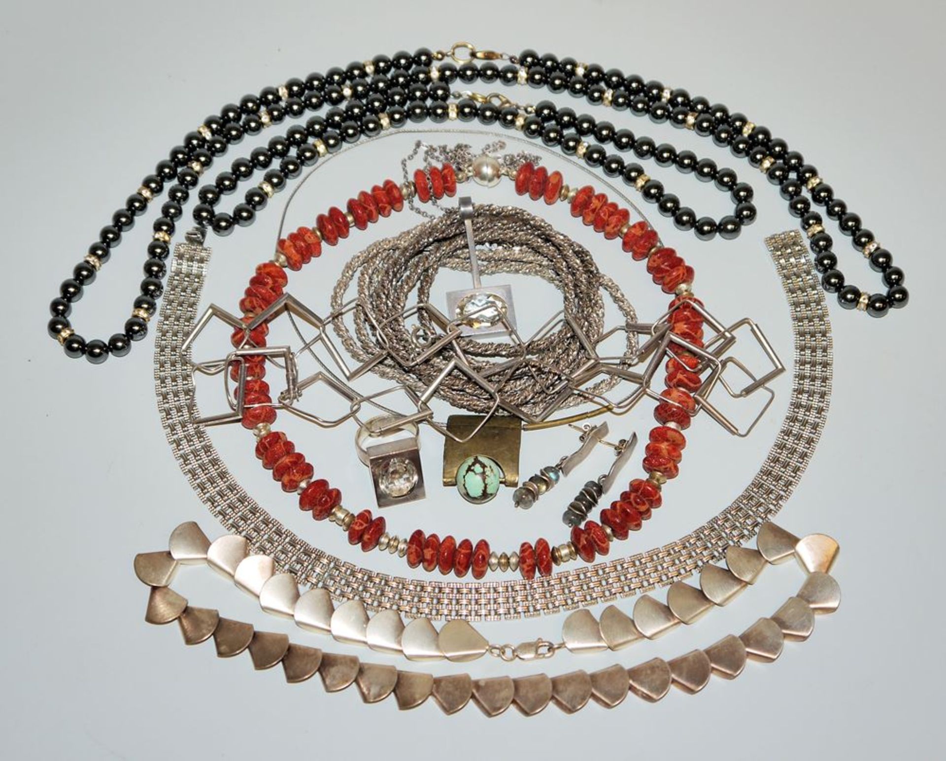 Collection designer silver, coral and costume jewellery from 1970s