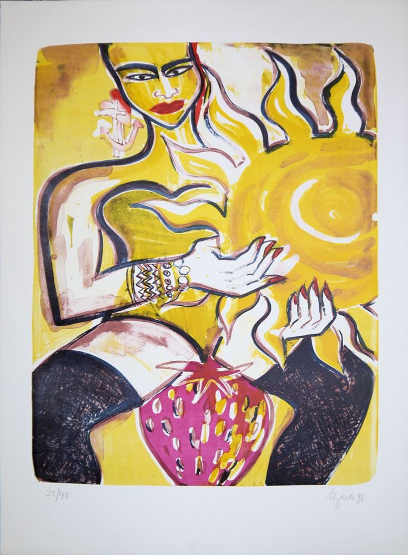 Elvira Bach, Frau mit Ball und Frau mit Sonnenblume und Erdbeere, signierte Farblithographien von 1