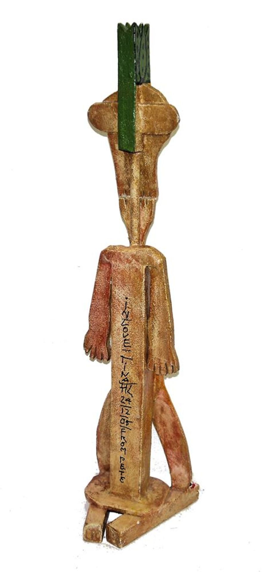 Pete, Standing Man, painted, large sculpture from 2005 in "Tribal art- style ", with dedication - Image 2 of 2