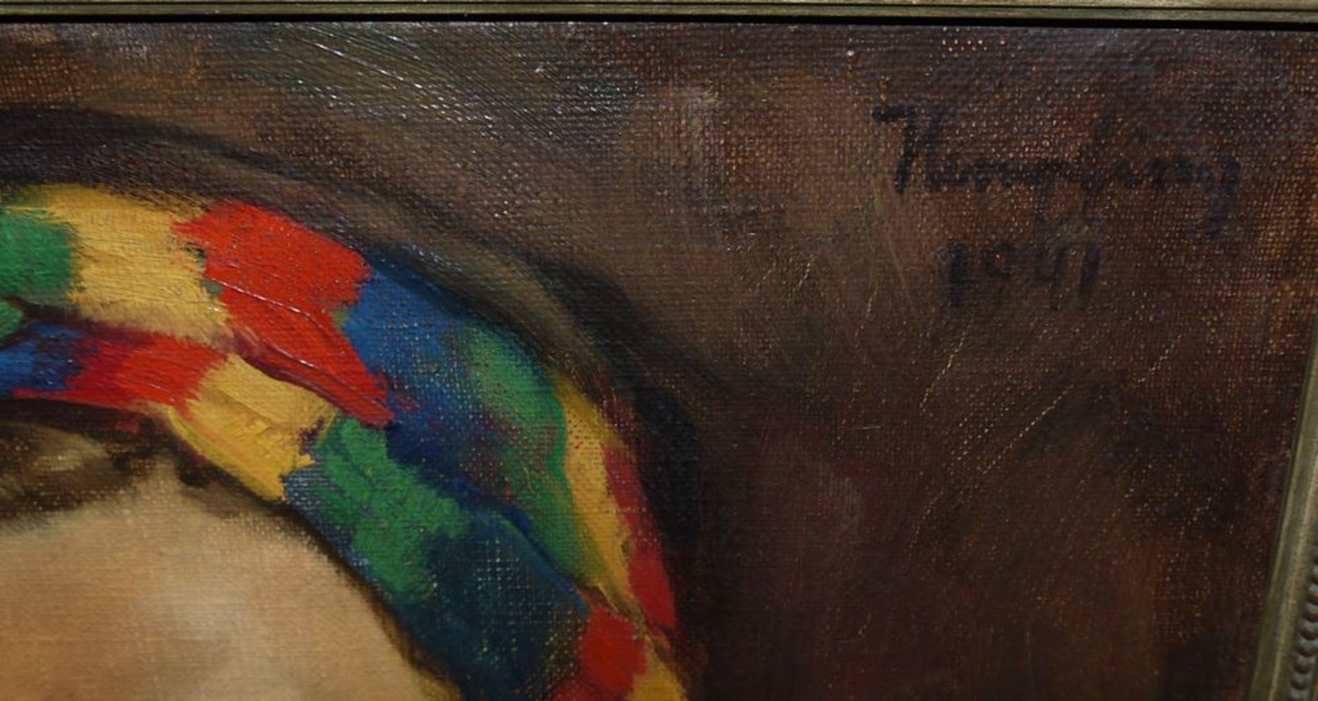 Wilhelm Hempfing, Portrait of a Beautiful Woman with a Colourful Hair Scarf, oil painting from 1941 - Image 3 of 4