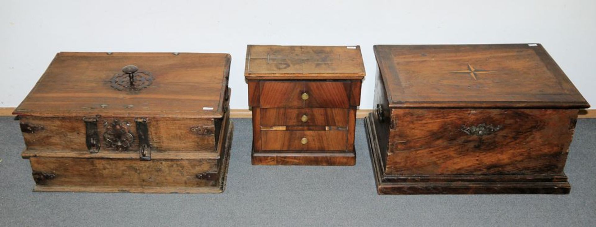 Model chest and two 19th century valuables chests
