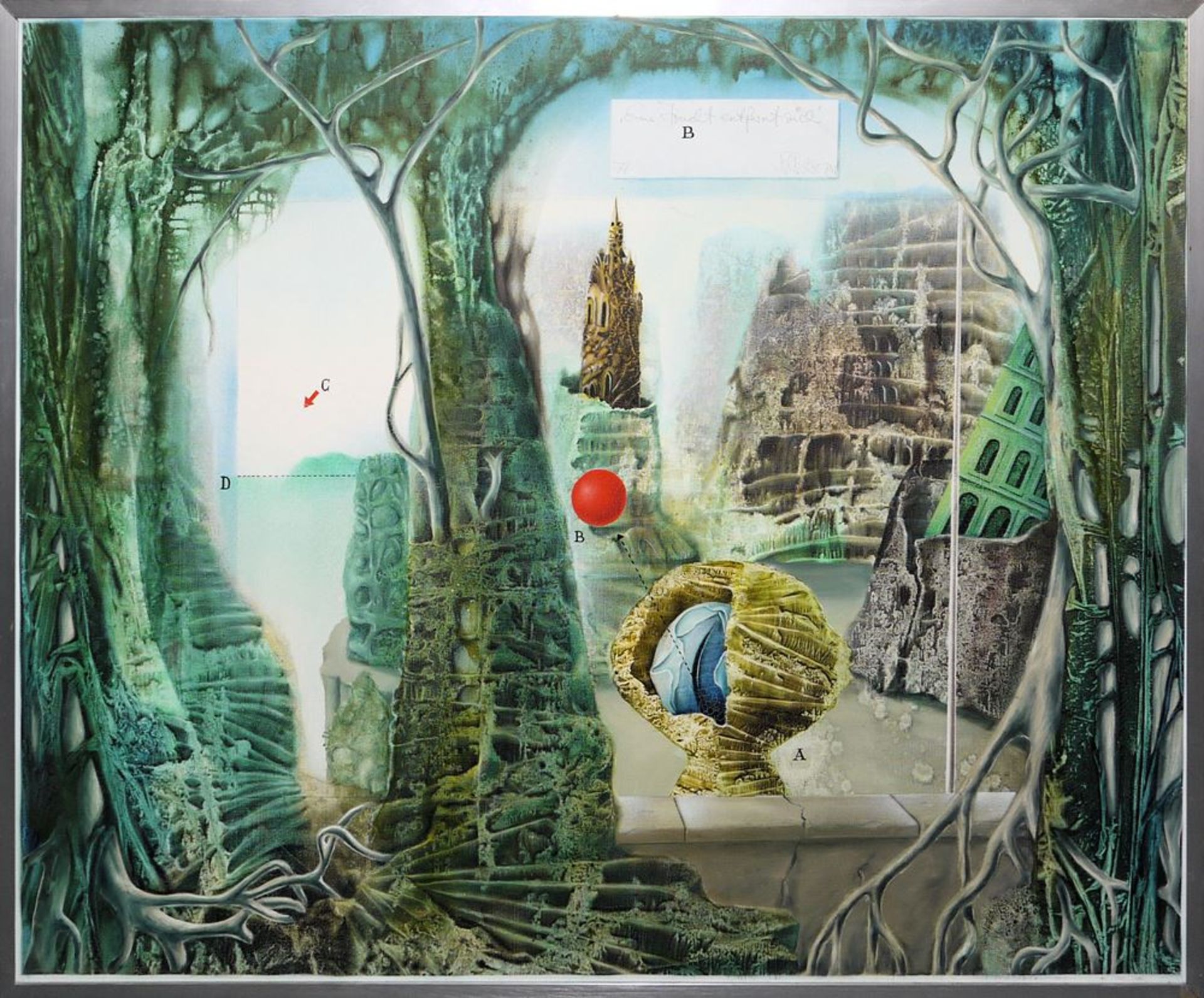 Klaus Heinrich Keller, "Eine Frucht entfernt sich", surrealistic-fantastic oil painting from 1974, 