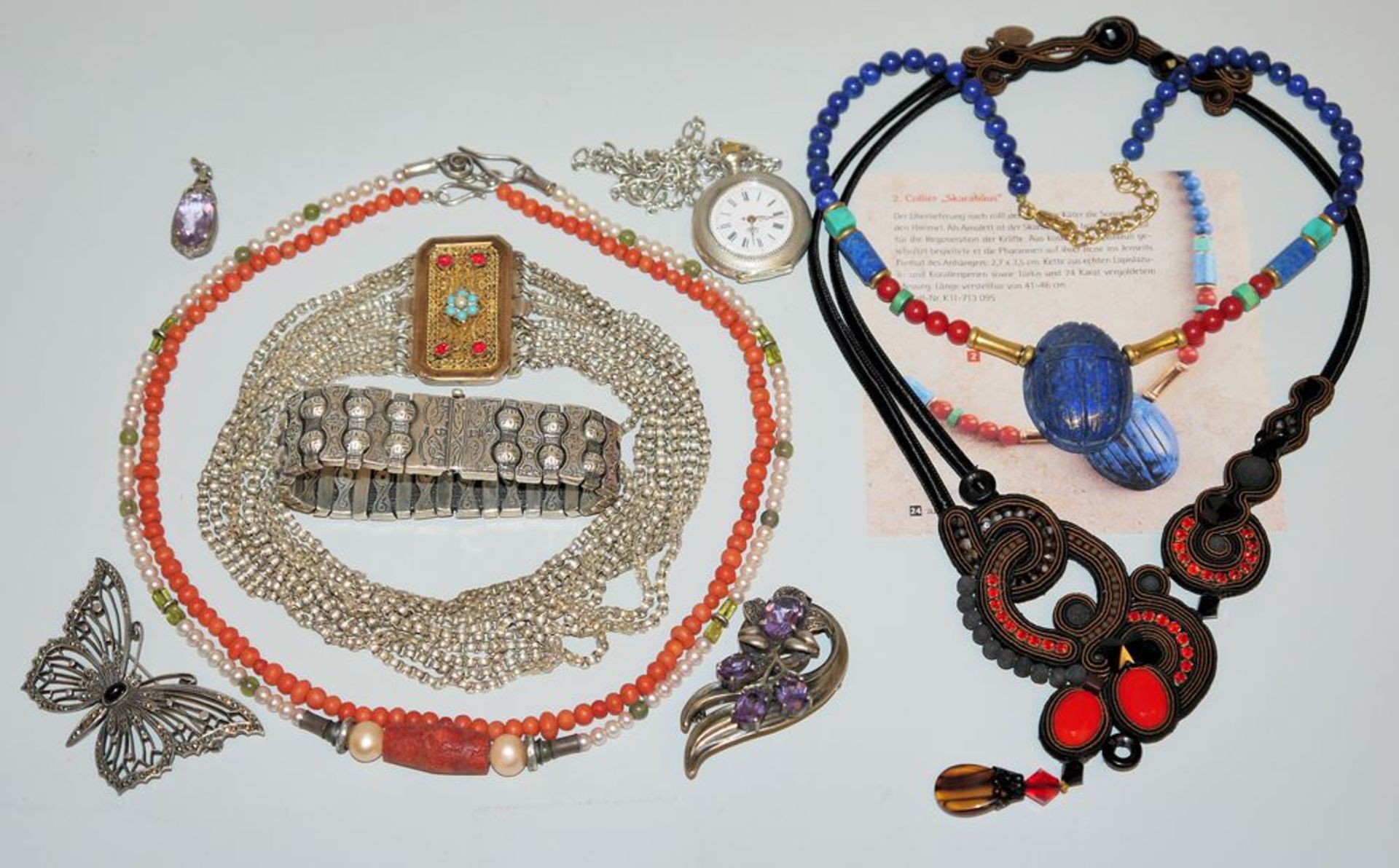 Collection silver jewellery with coloured stones, corals, pearls etc. from 1900, plus two necklaces