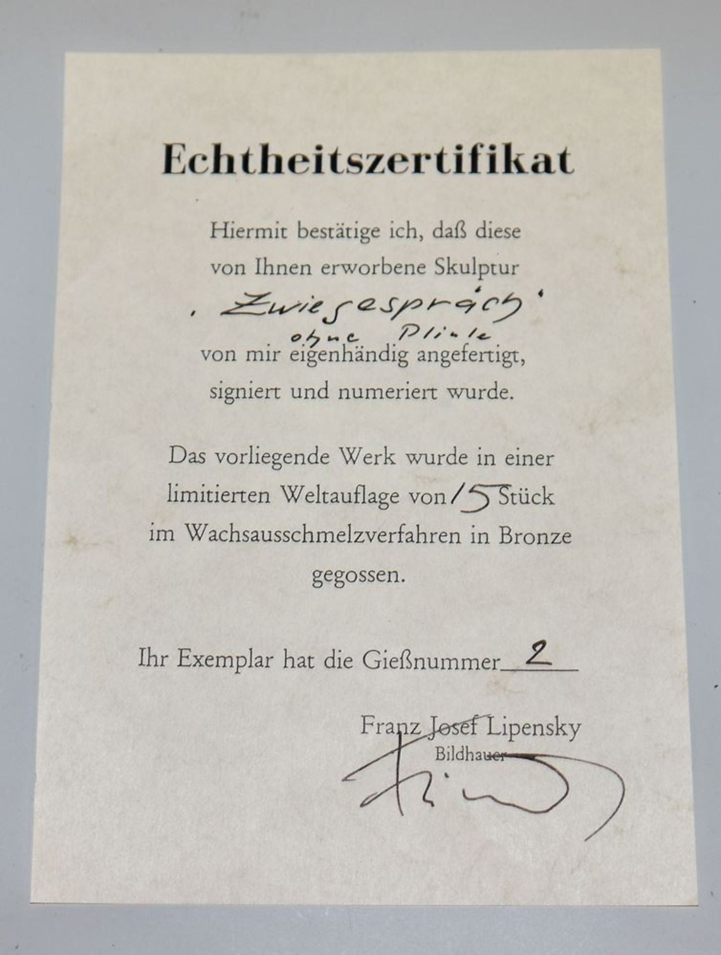 Franz Josef Lipensky, "Zwiegespräch", bronze sculpture, with certificate - Image 2 of 2