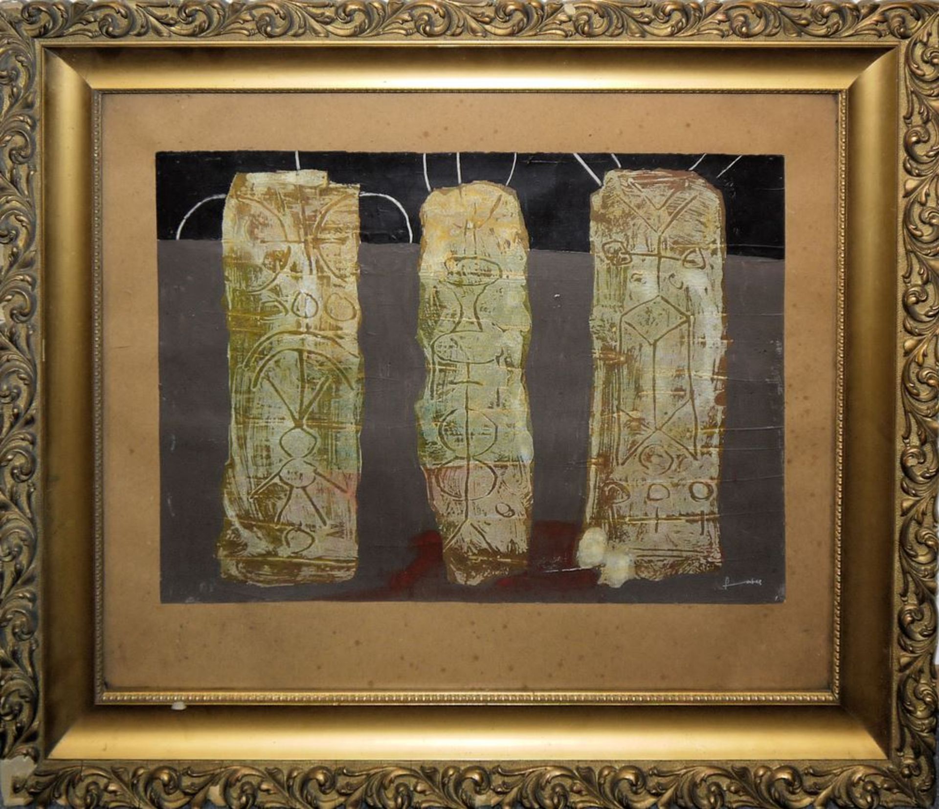 Will Faber, Three Steles, signed mixed media, gold stucco frame