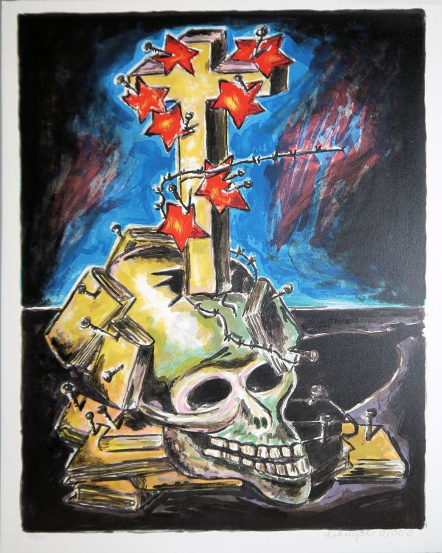 Jiri Georg Dokoupil, Skull with Cross, signed colour lithograph from 2000