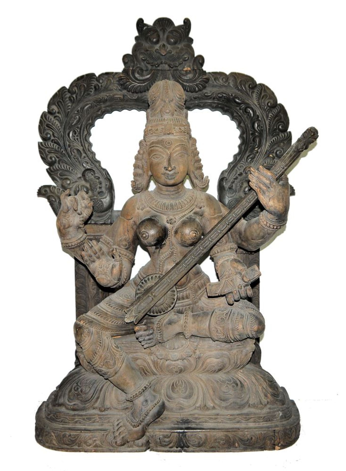 Large wooden sculpture of the goddess Saraswati, South India 20th century