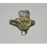 Plique-à-jour-Ring mit Diamanten des Jugendstils, Gold um 1900, Liebhaberstück!