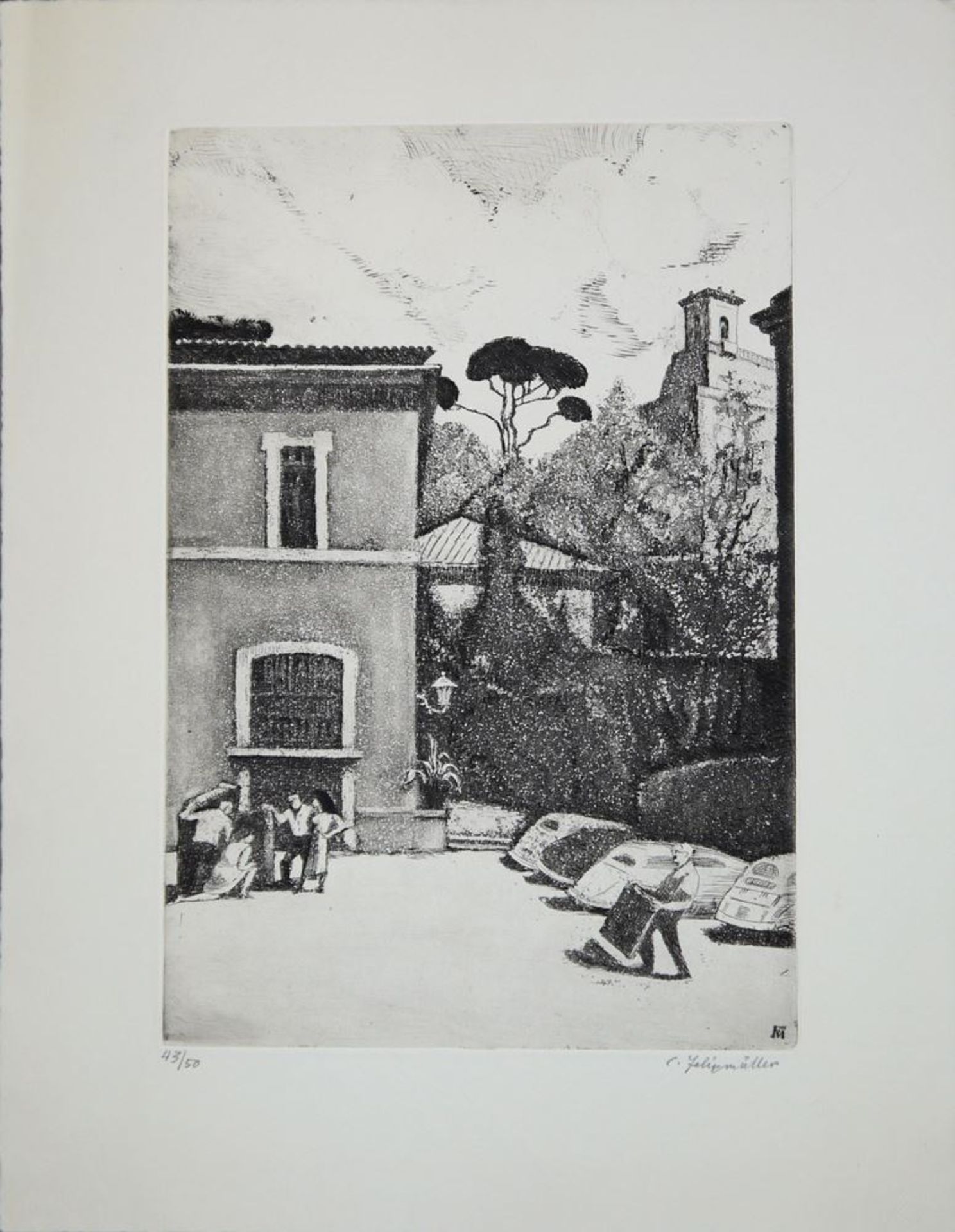 Conrad Felixmüller, "Rome", View of the Pincio with Villa Medici, signed etching from 1971