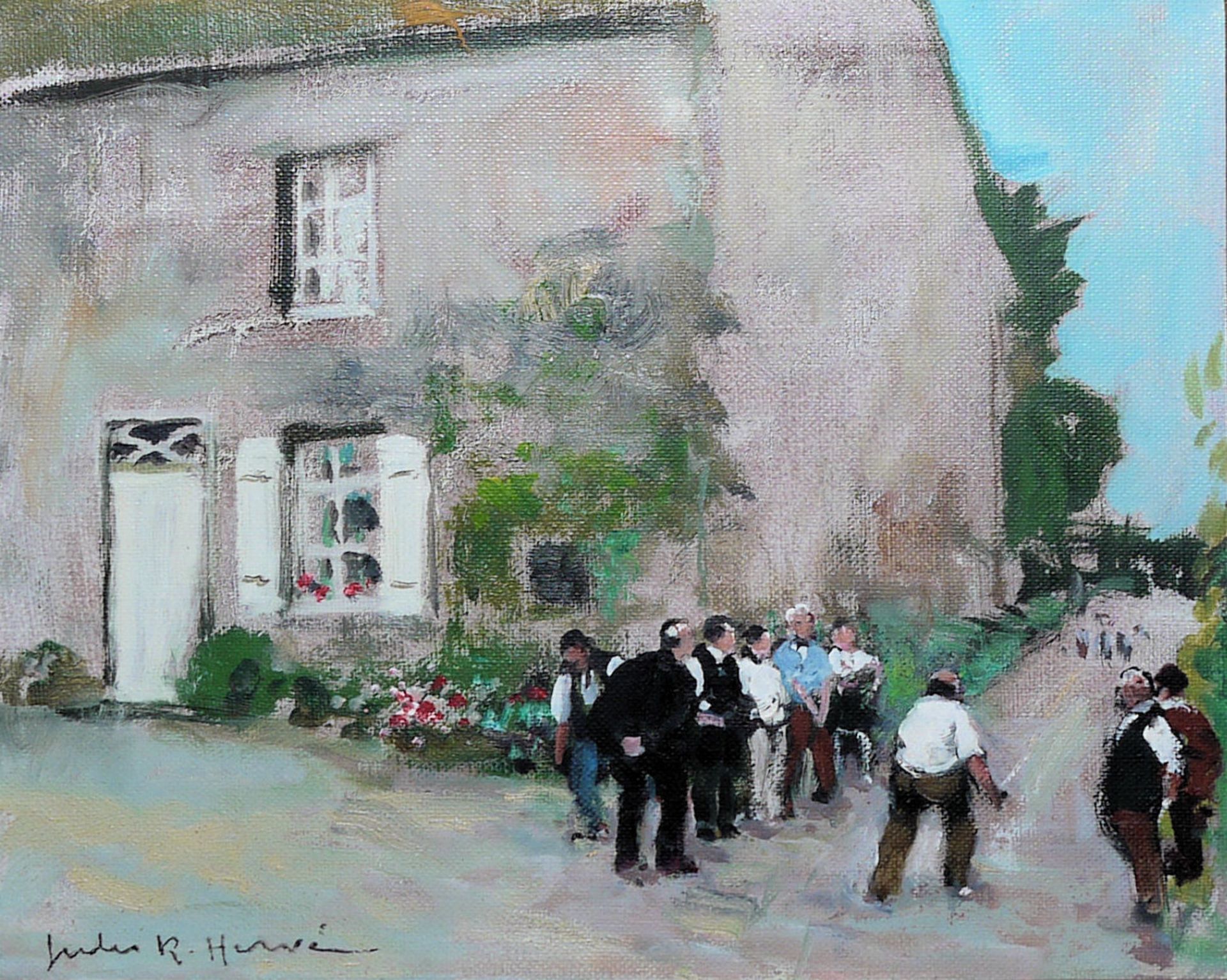 Jules René Hervé, Village Street with Boule Players, oil painting, framed - Image 3 of 4