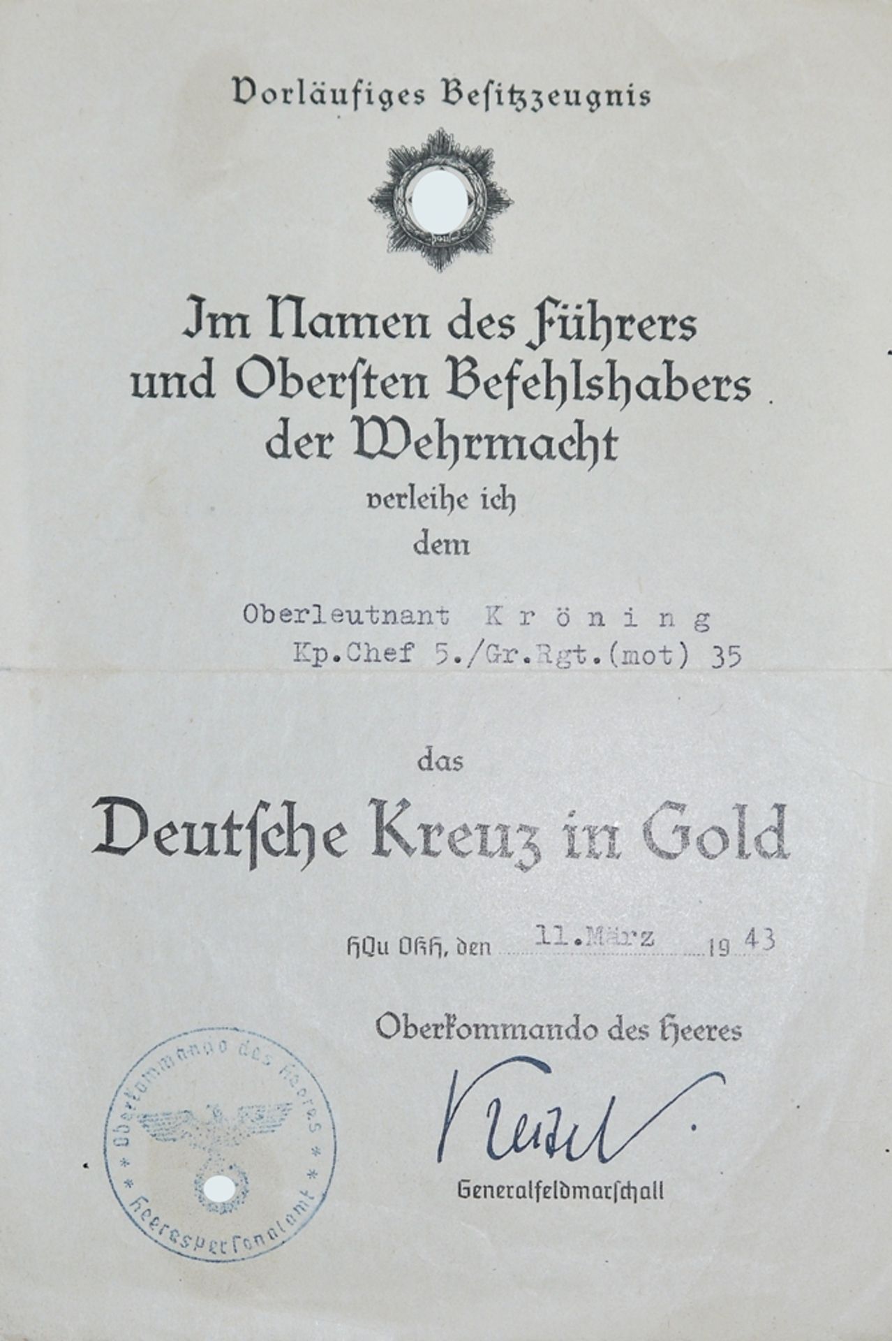 Order, Effects and Document Estate of Major and Battalion Commander Franz Kröning, Panzer Grenadier - Image 15 of 17