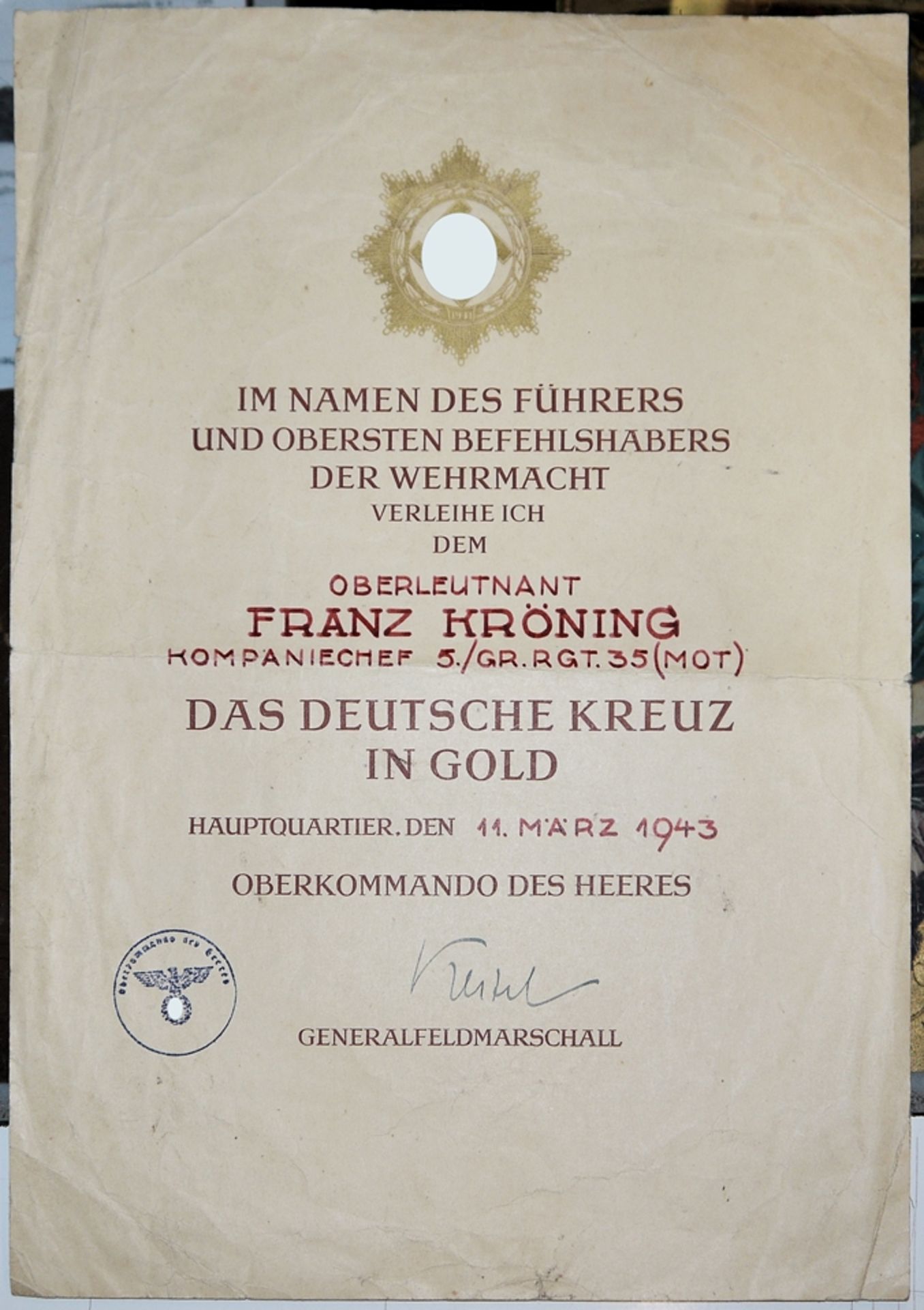 Order, Effects and Document Estate of Major and Battalion Commander Franz Kröning, Panzer Grenadier - Image 14 of 17