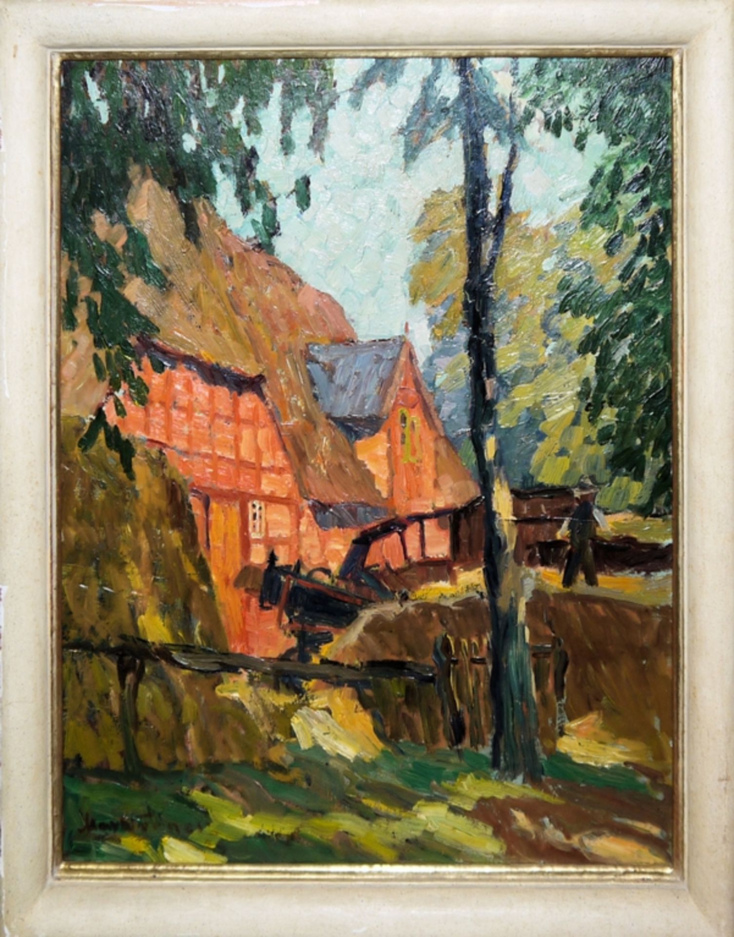 Expressionist, Orange Farmhouse, signed oil painting