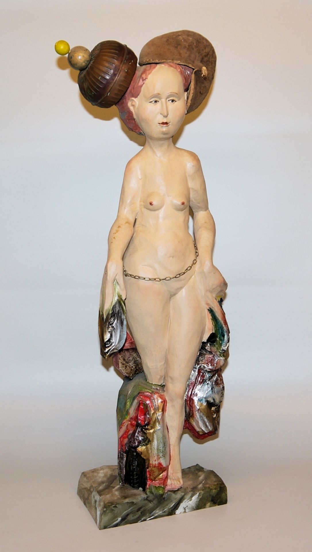 Bernhard Apfel, Venus after the Bath, wooden sculpture, painted, monogrammed, from 1998