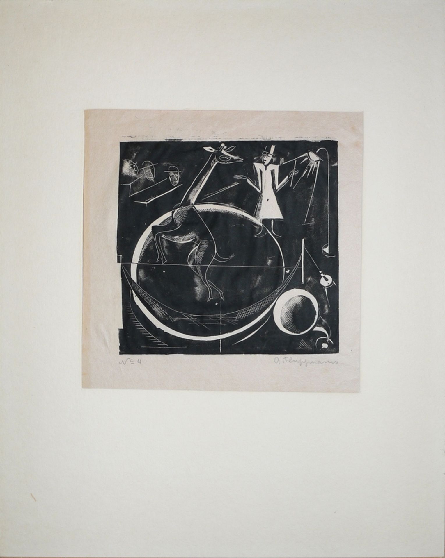 Adolf Fleischmann, Zirkusszene, signierter Linolschnitt von 1931, selten
