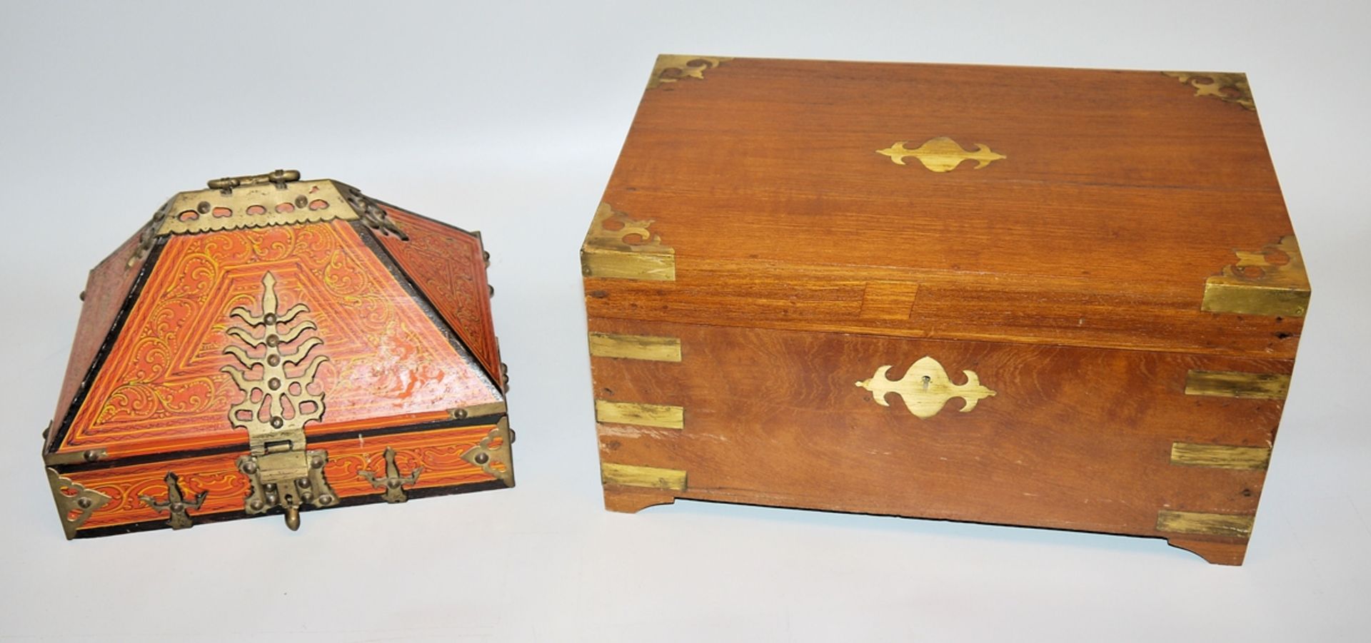 Two Indian wooden jewellery or utensil boxes