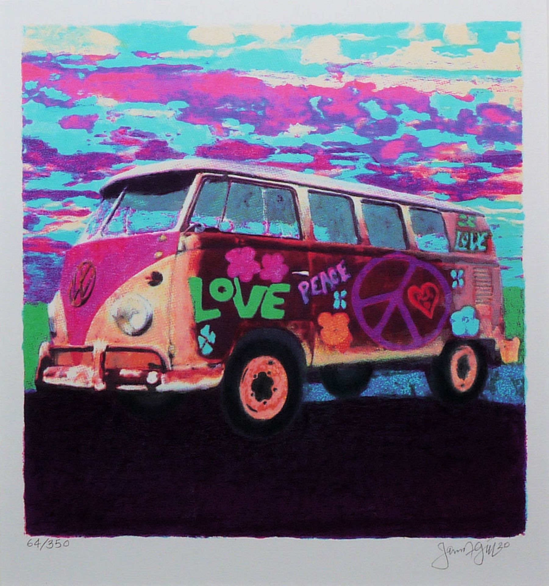 James Francis Gill, Mini Hippie Bus, signierte Farbserigraphie von 2020, galeriegerahmt, mit Zertif - Bild 2 aus 4