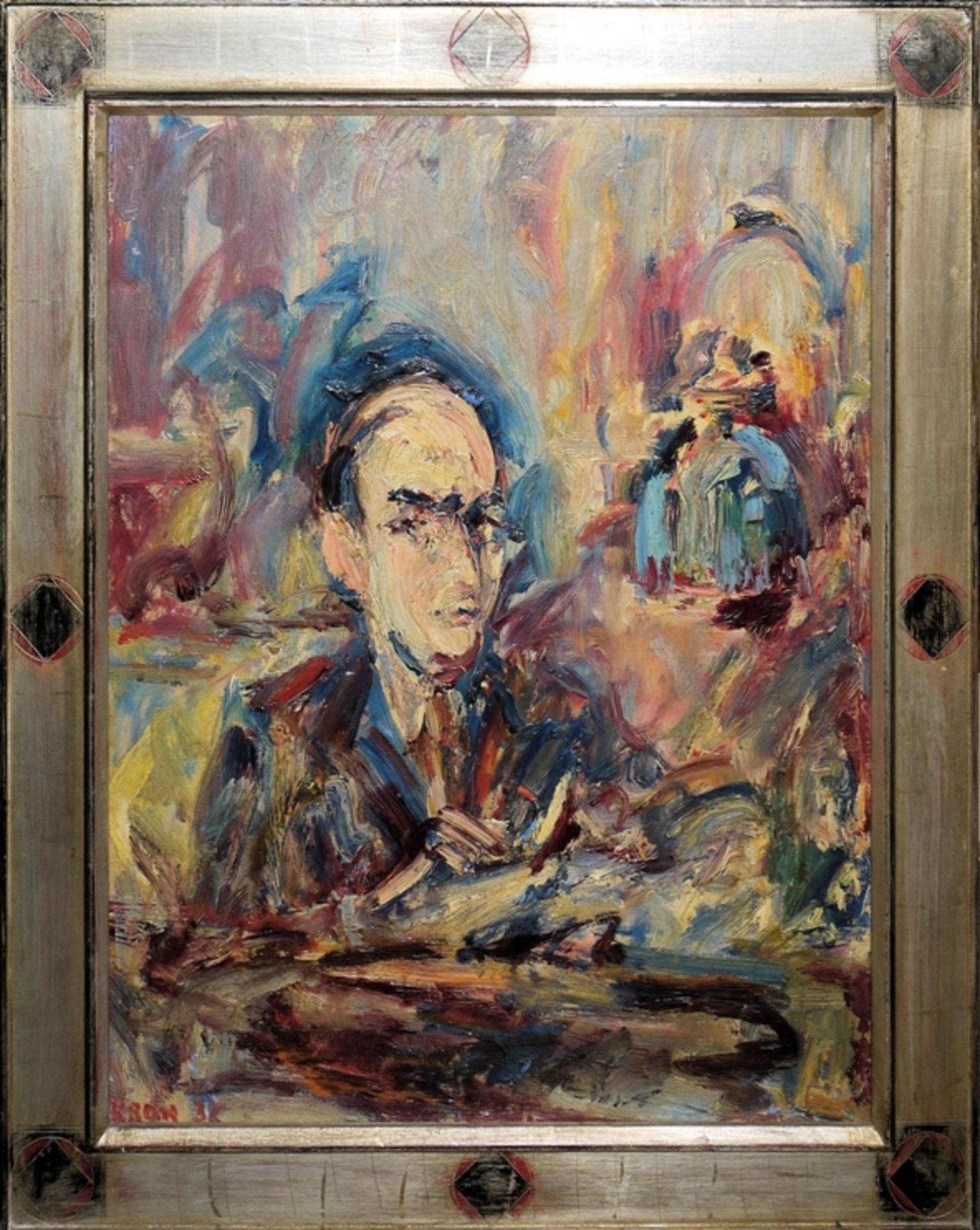 Paul Kron, Interior with a Reading Man, oil painting from 1932, in the original artist's frame