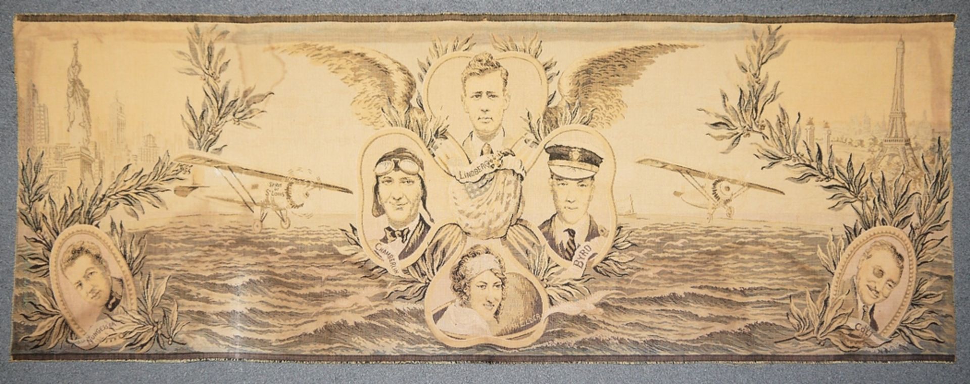 Tapestry with aviation pioneers Charles Lindbergh, Clarence D. Chamberlin, Richard E. Byrd and Ruth