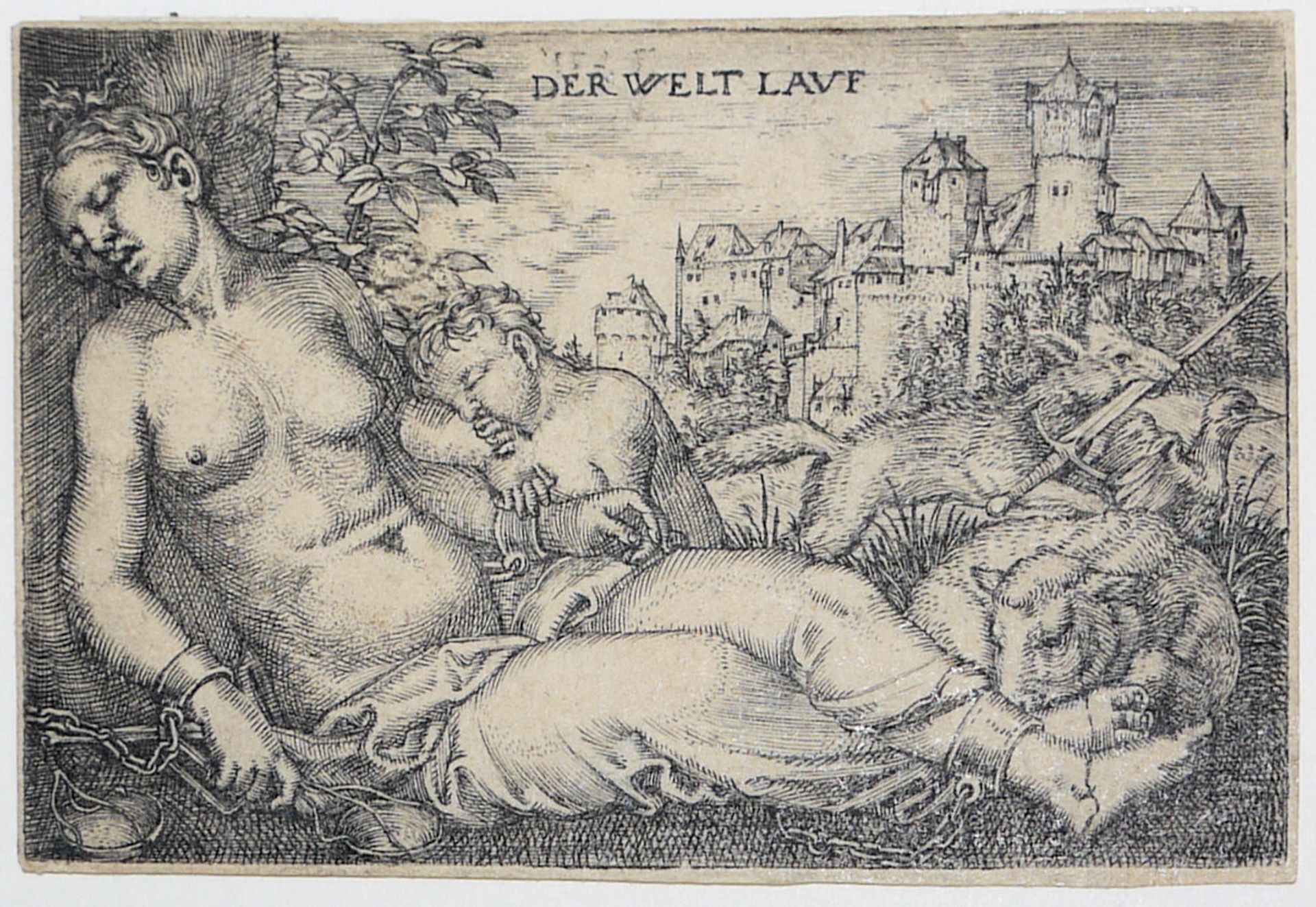 Barthel Beham, Der Welt Lauf - Schlafende Justitia, Kupferstich von 1525
