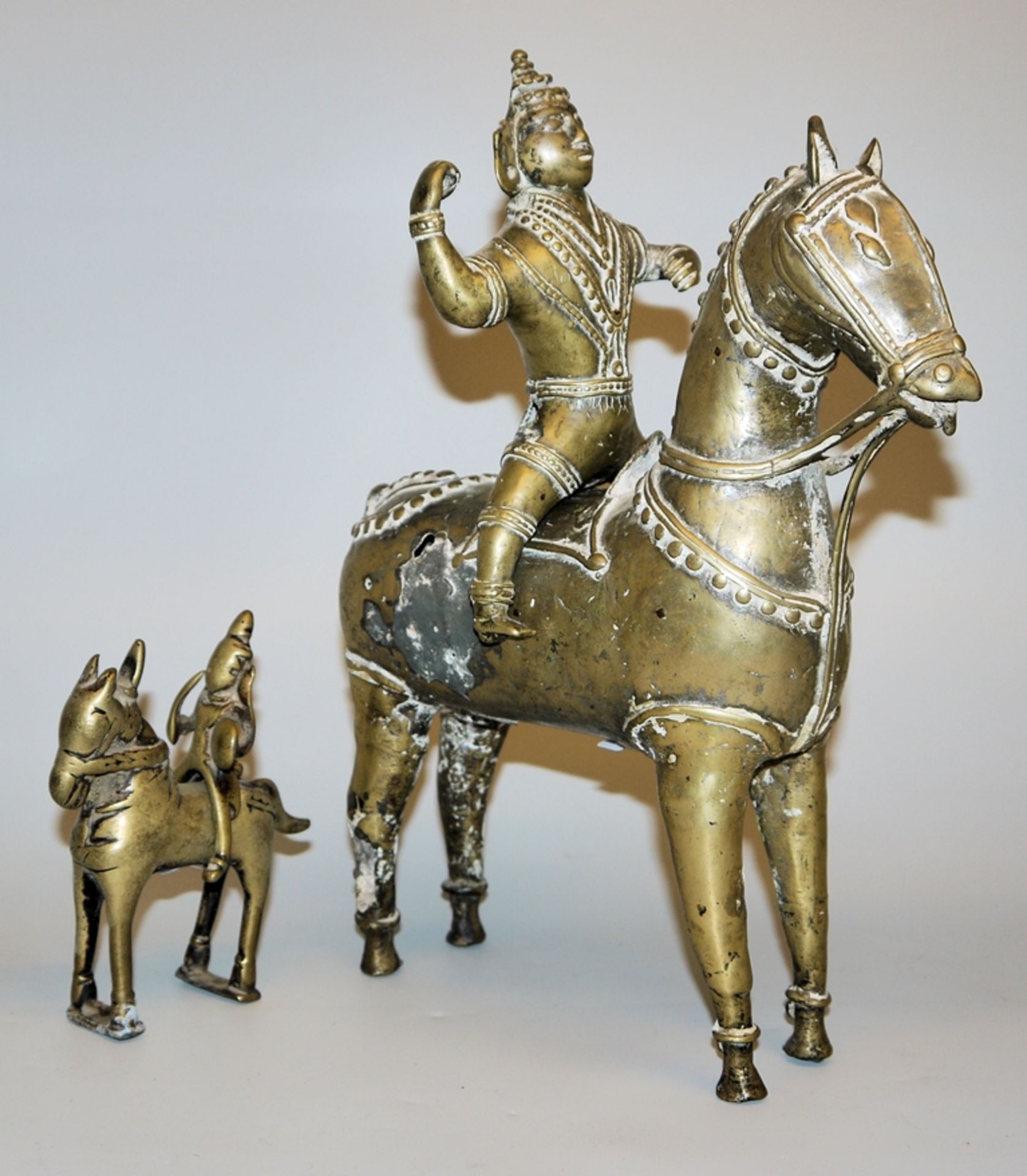 Large and small bronze equestrian statue, Tamil Nadu and Maharashtra, India 19th & 17th c.