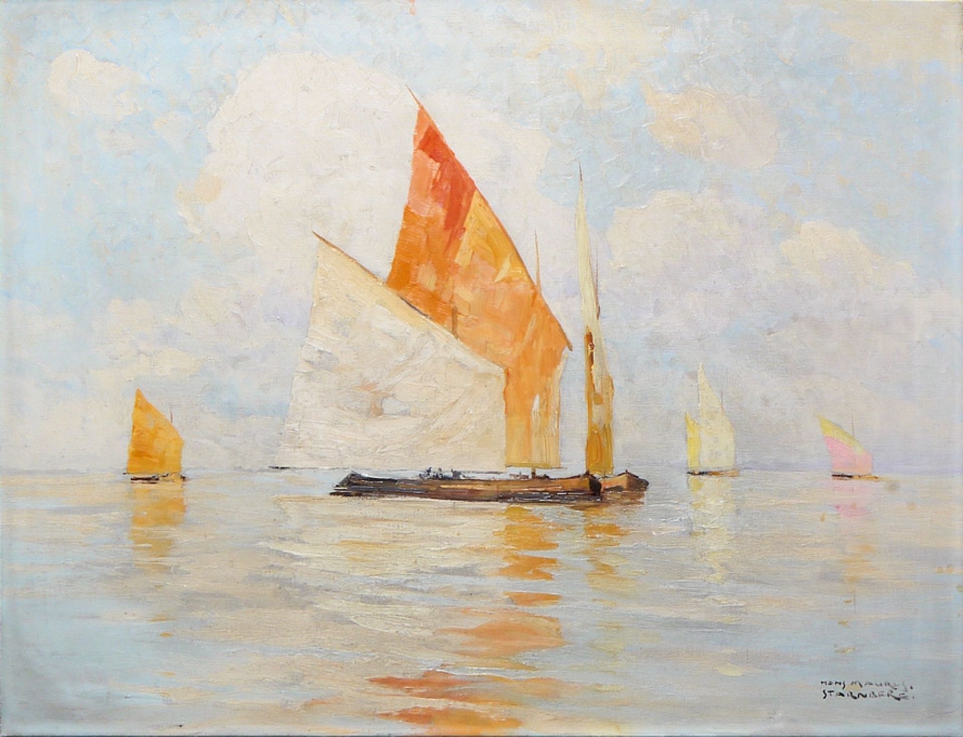 Hans Maurus, Boats on Lake Starnberg, oil painting c. 1930, framed - Image 3 of 4