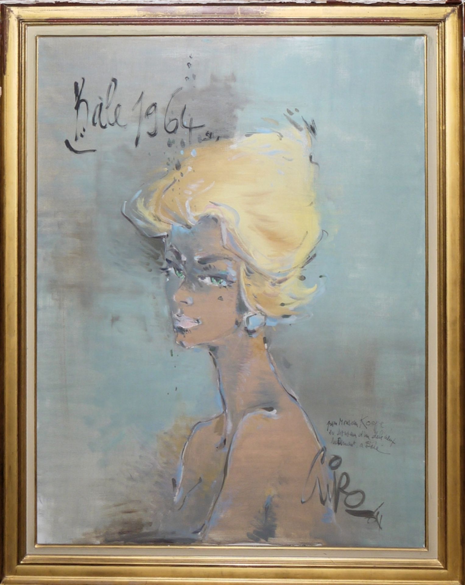 Vincent Guiro, Large Portrait of a Young Blonde Woman, oil painting from 1964, framed