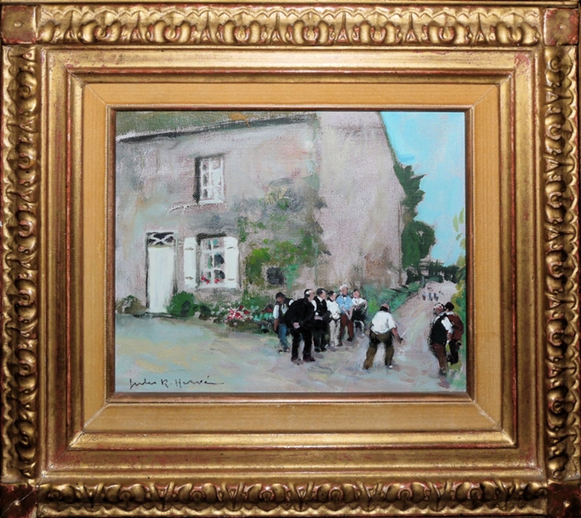 Jules René Hervé, Village Street with Boule Players, oil painting, framed