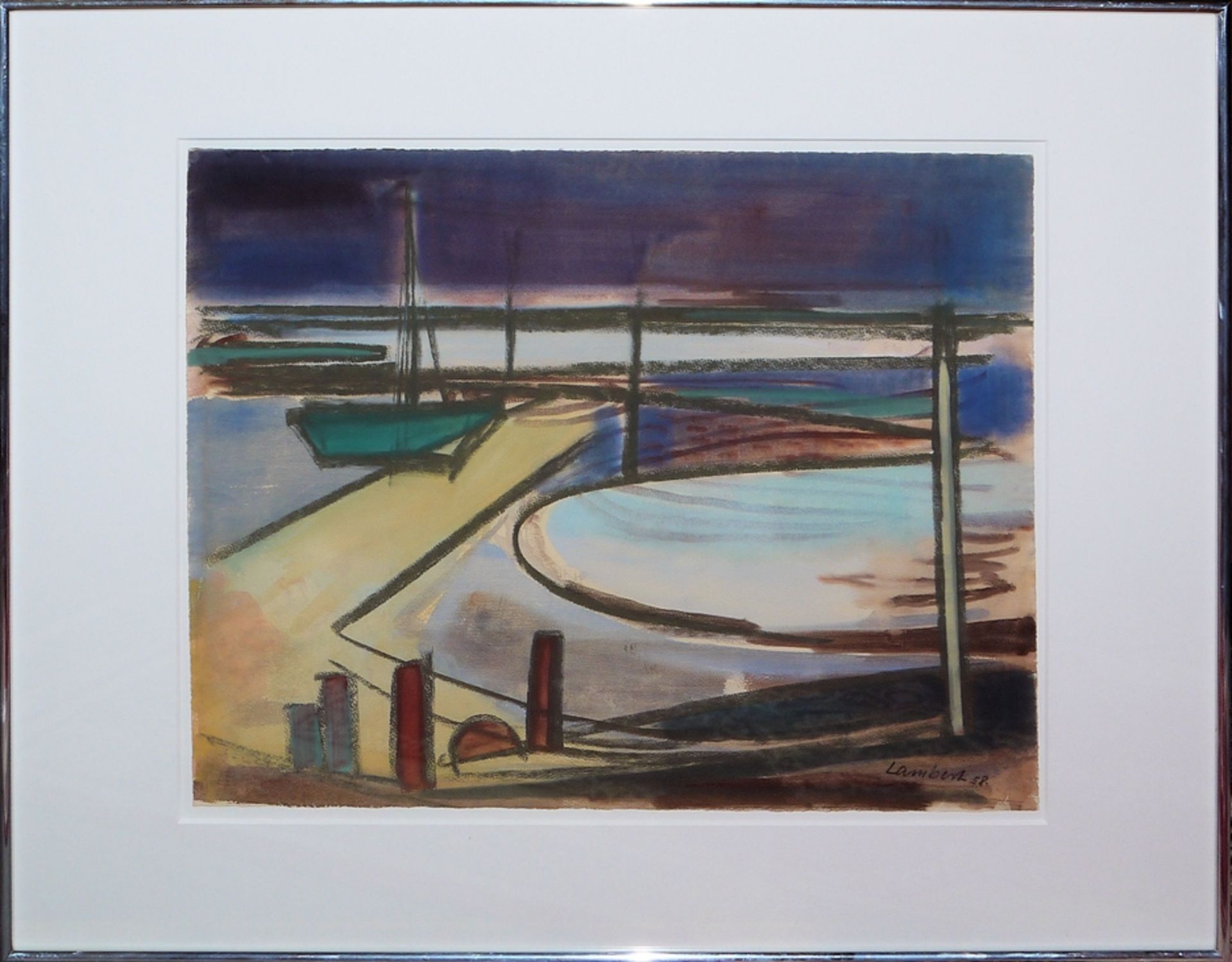 Kurt Lambert, View of a small harbour, signed drawing from 1958 - Image 2 of 3