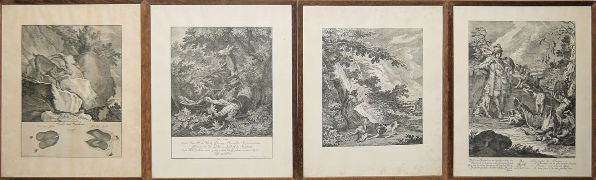 Johann Elias Ridinger, 4 Kupferstiche mit waidmännischem Allegorie und Wildtieren, gerahmt