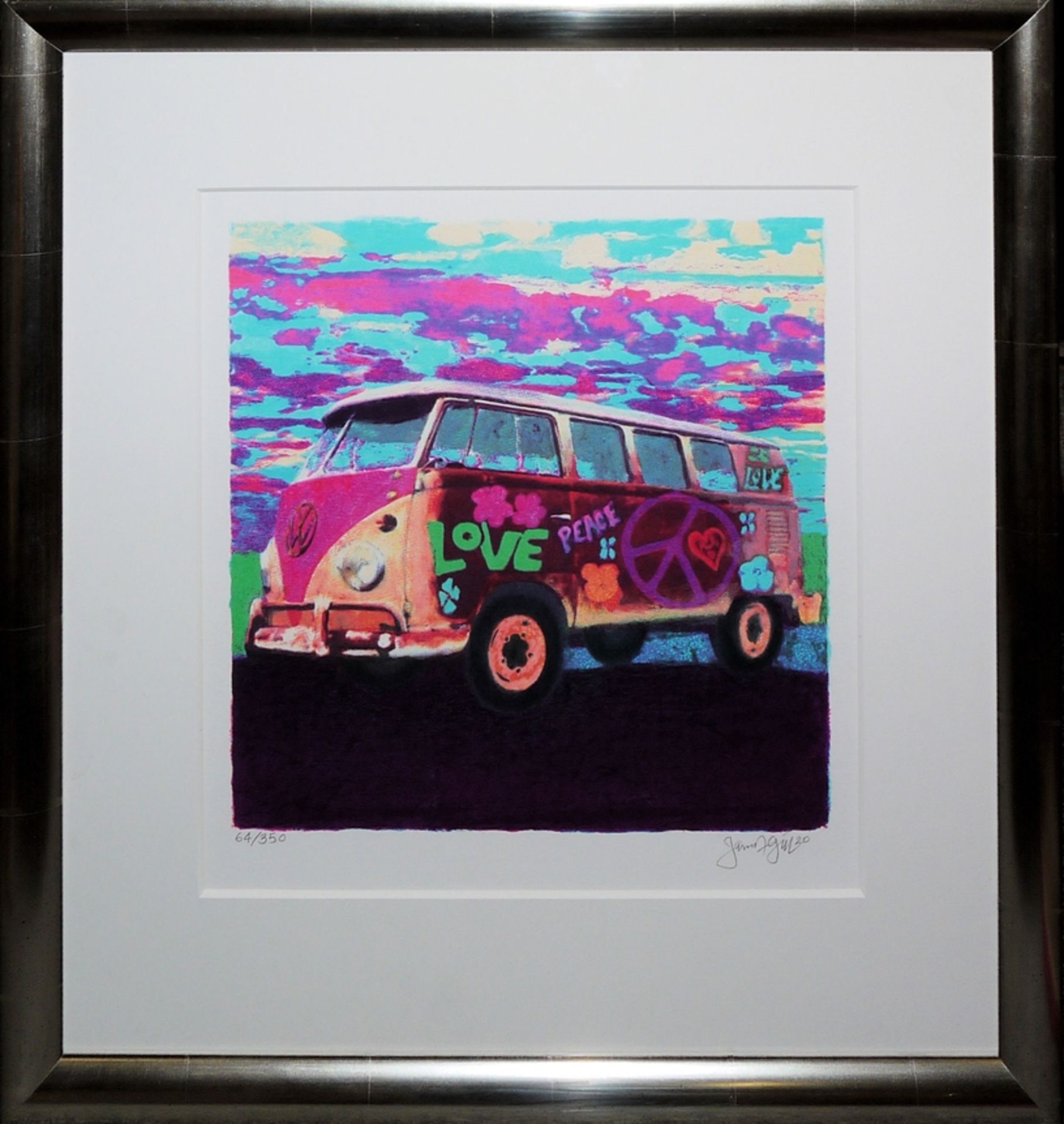 James Francis Gill, Mini Hippie Bus, signierte Farbserigraphie von 2020, galeriegerahmt, mit Zertif