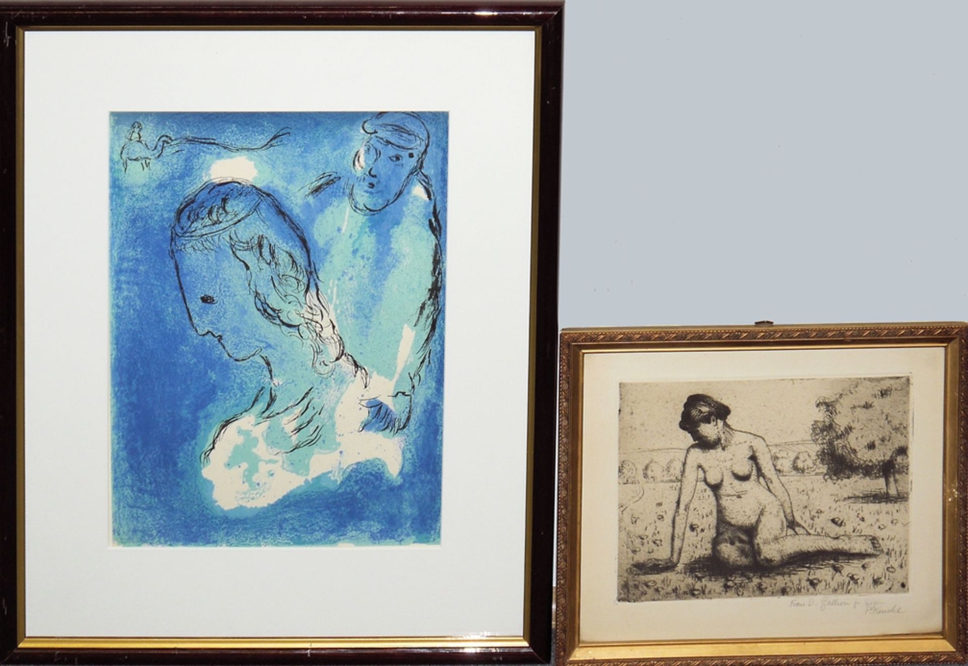 Marc Chagall / Paul Kusche, Abraham & Sarah, colour litho from 1956 / female nude, sign. Etching 19