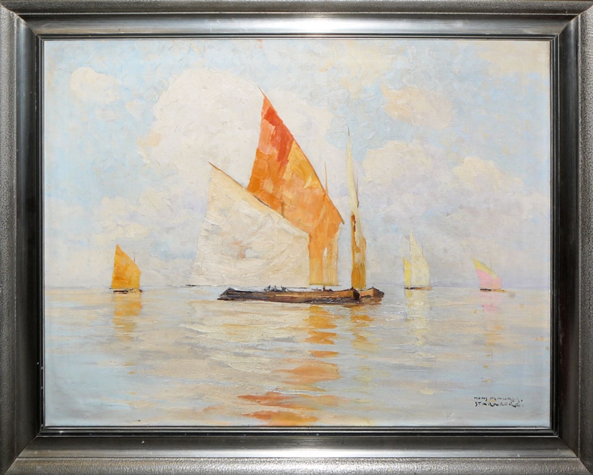 Hans Maurus, Boats on Lake Starnberg, oil painting c. 1930, framed