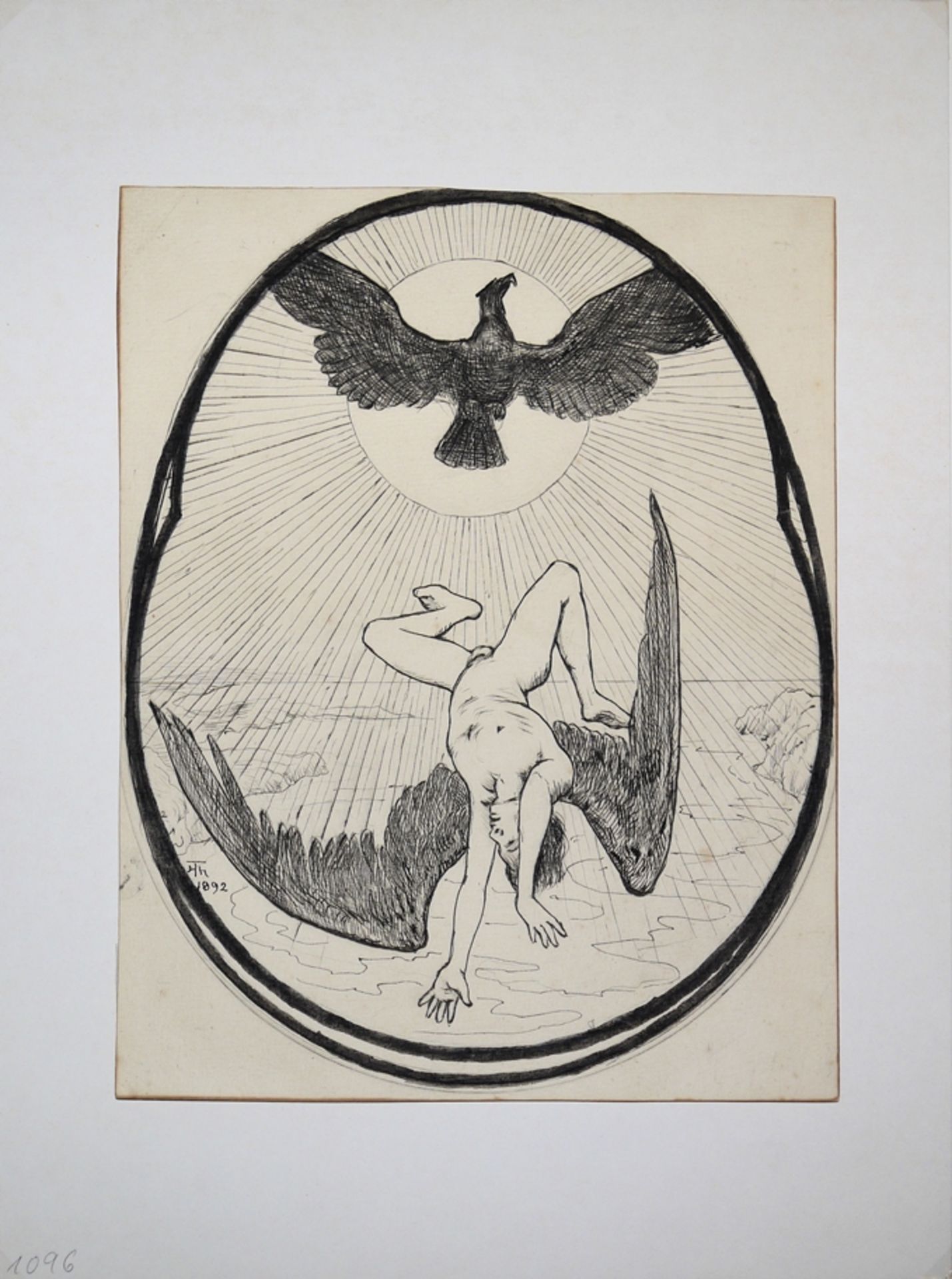 Hans Thoma, Icarus plunges into the sea, ink drawing from 1892, in passepartout