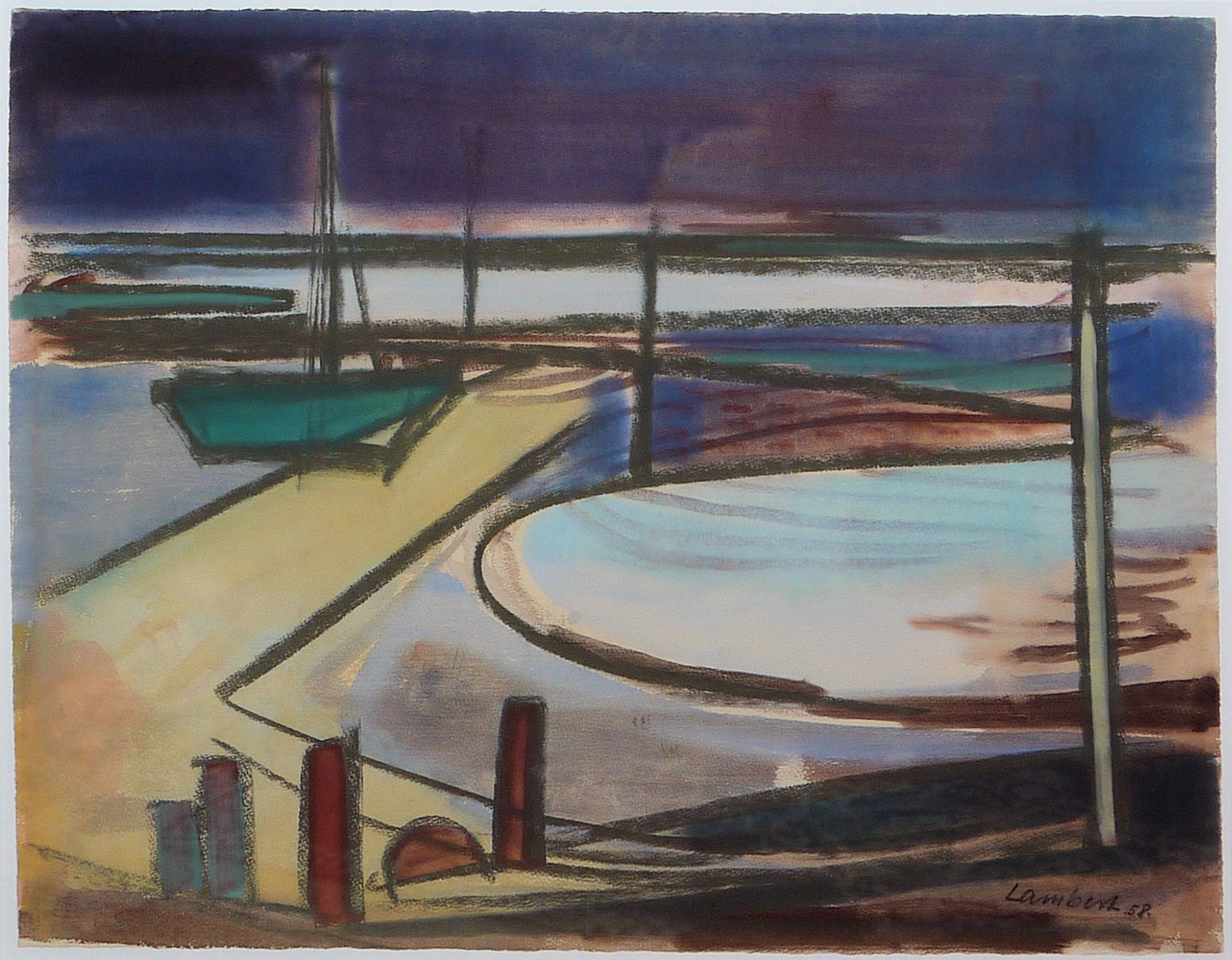 Kurt Lambert, View of a small harbour, signed drawing from 1958