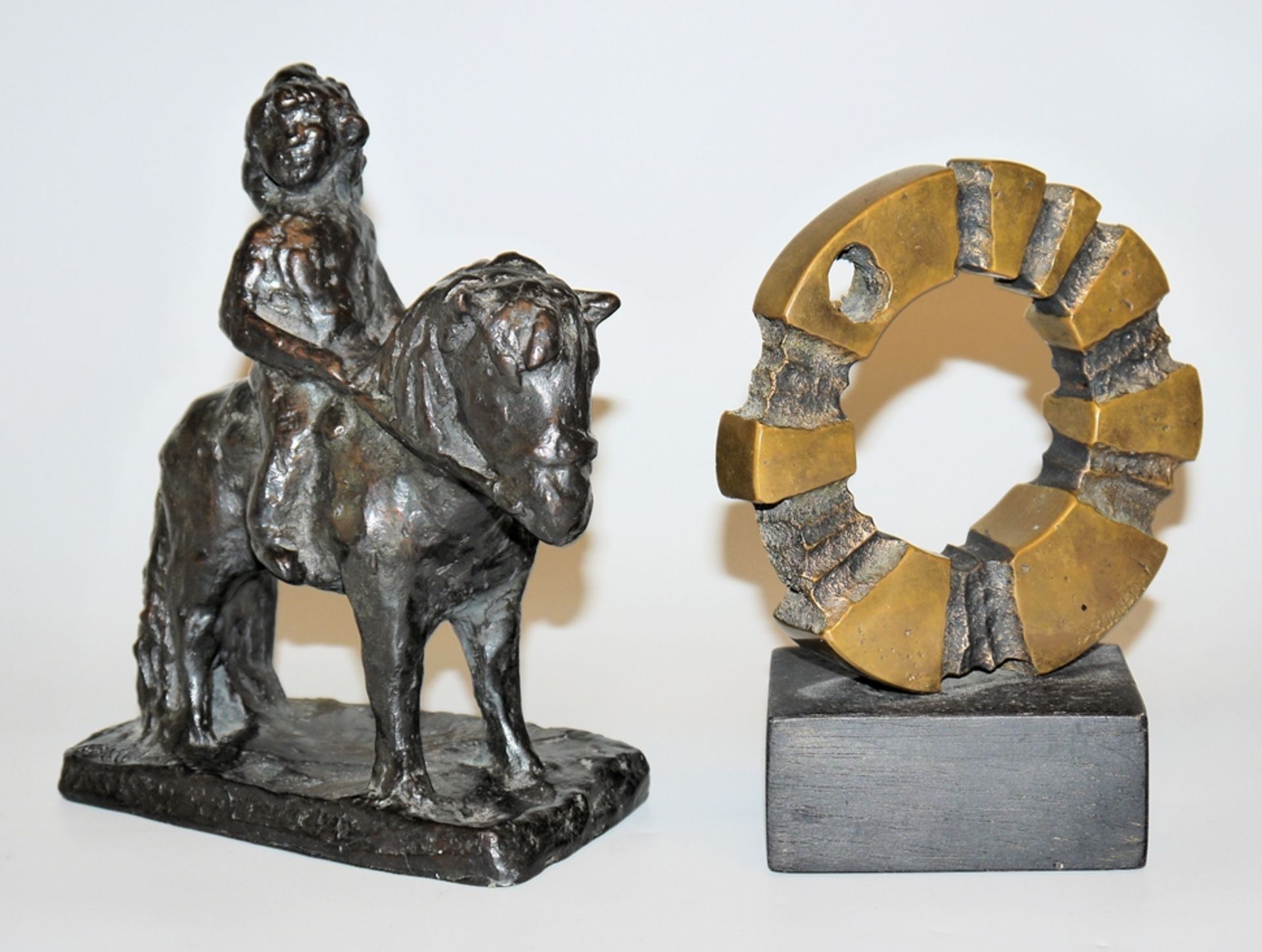 André Bucher, bronze sculpture "La Roue de la Vie" & Anonymous, bronze sculpture Pony Riding Woman