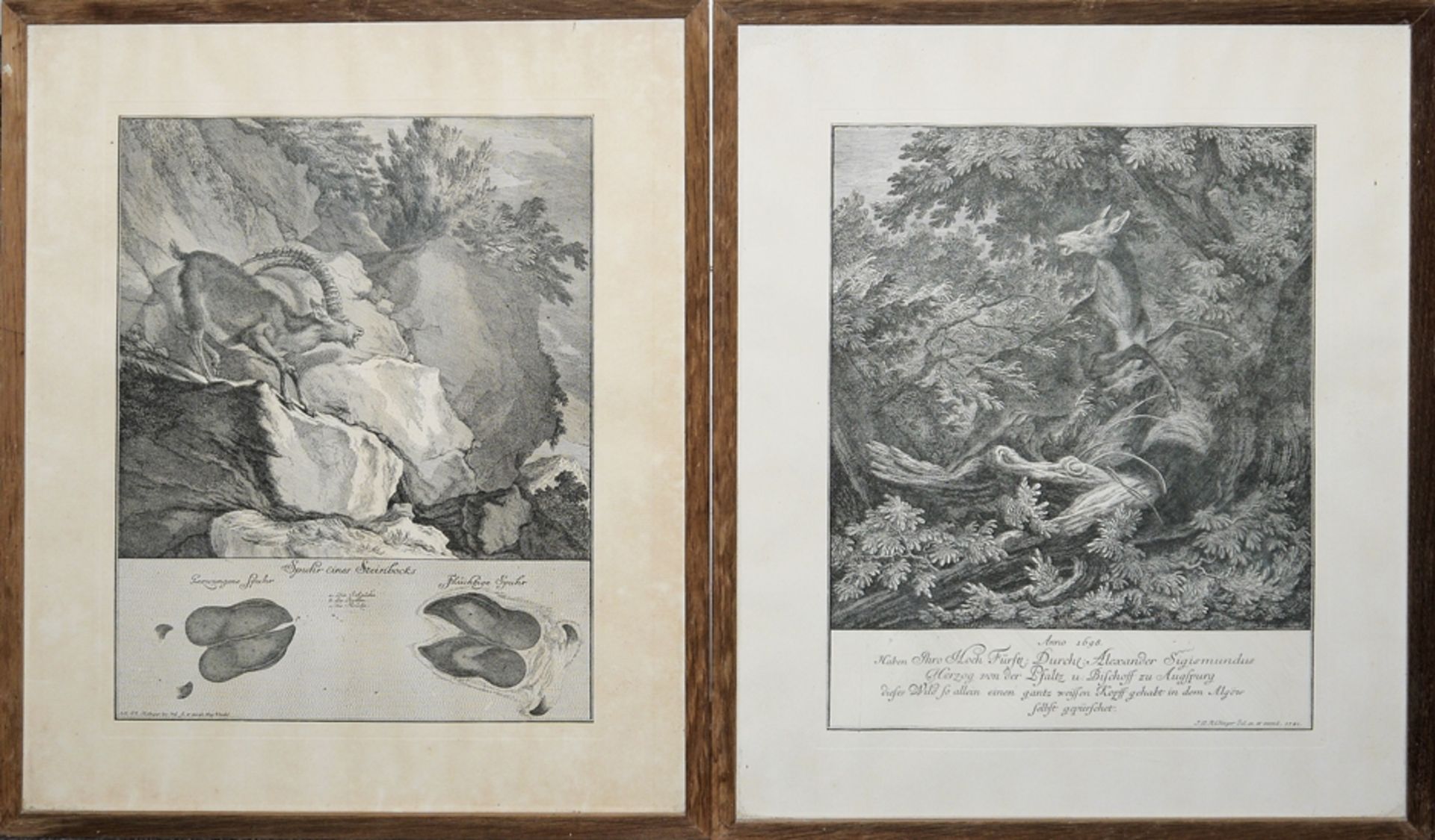 Johann Elias Ridinger, 4 Kupferstiche mit waidmännischem Allegorie und Wildtieren, gerahmt - Bild 2 aus 3
