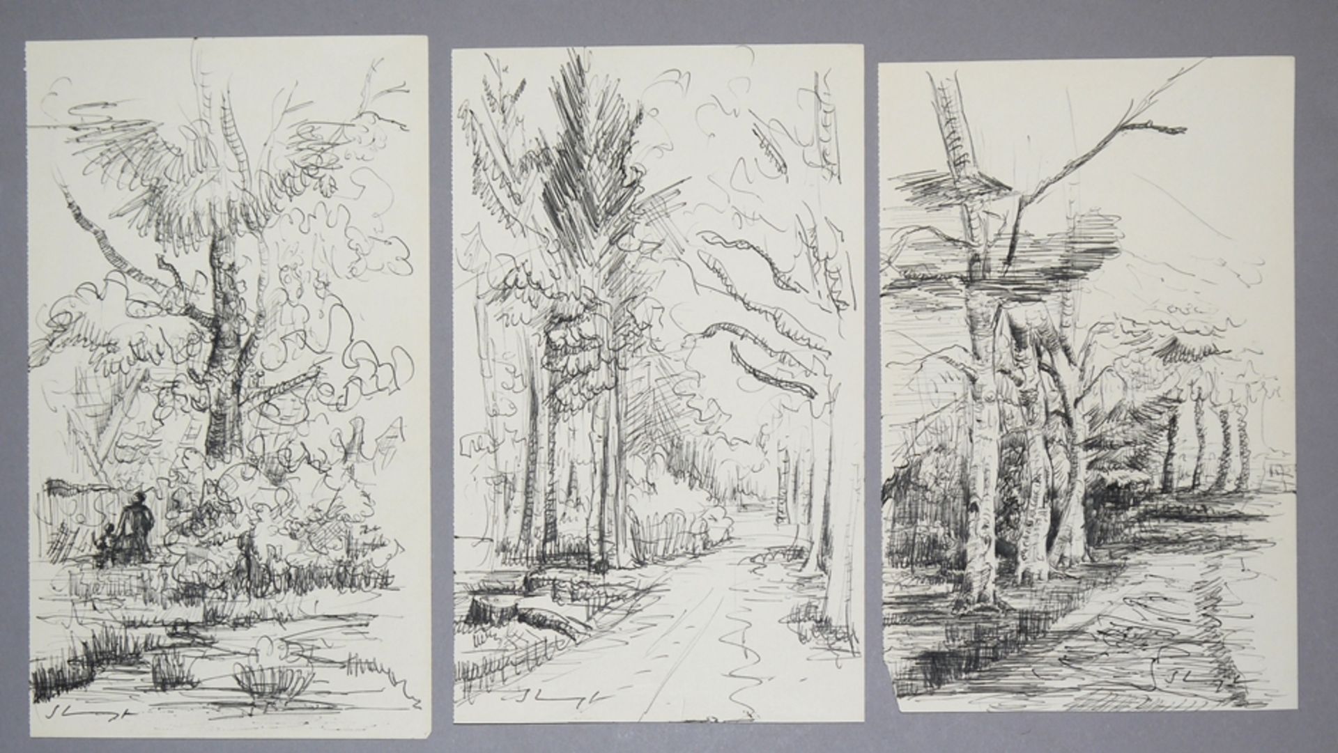 Max Slevogt, 3 ink drawings "Trees" c. 1910/20, signed