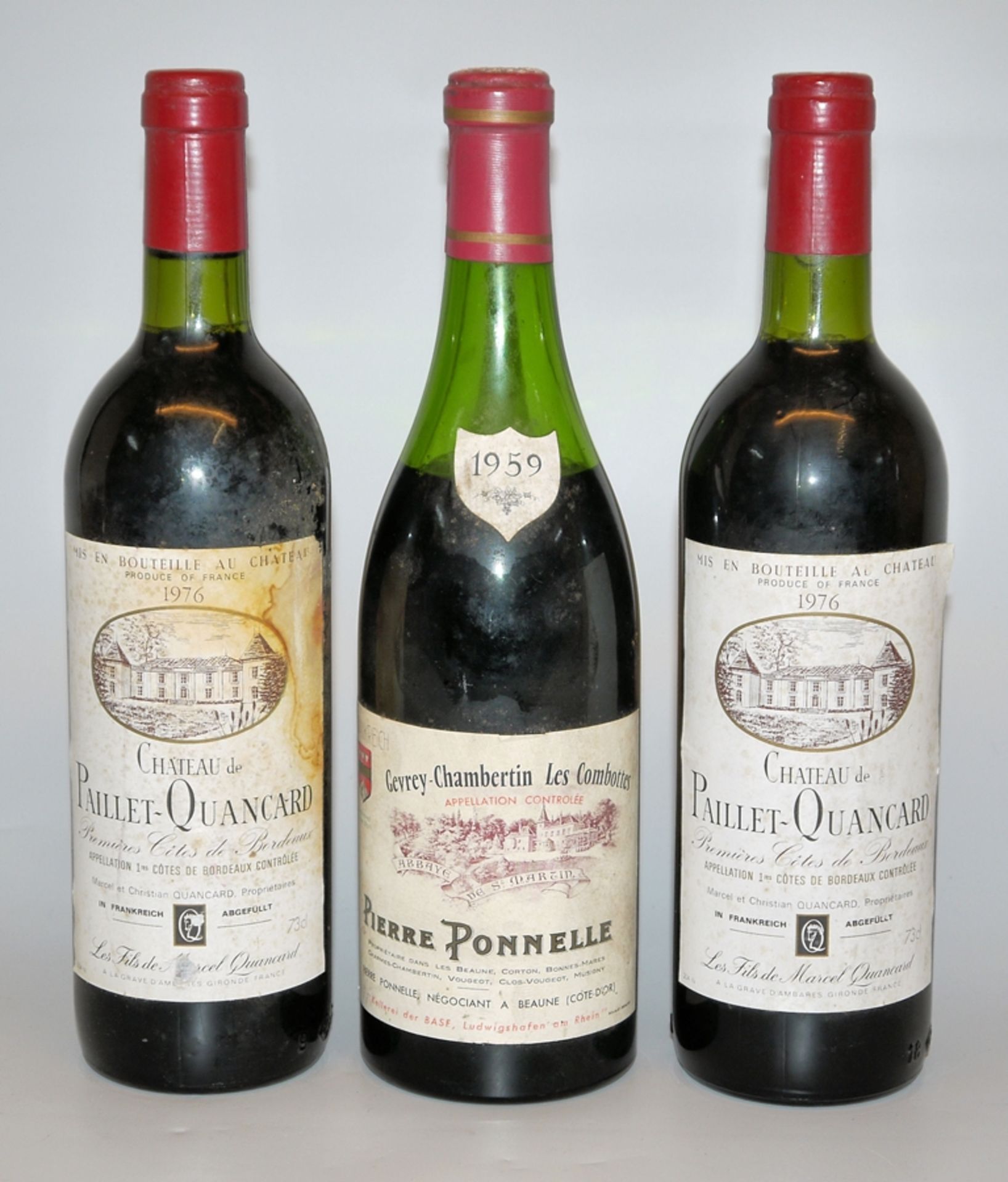 Three bottles of French red wines, Pierre Ponnelle u. Château de Paillet-Quancard, 1959 u. 1976