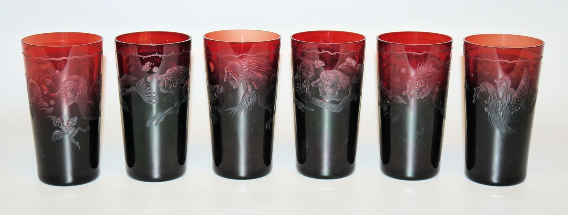 Christian Schmidt, six glasses with fantastic themes in mat cut from 1986