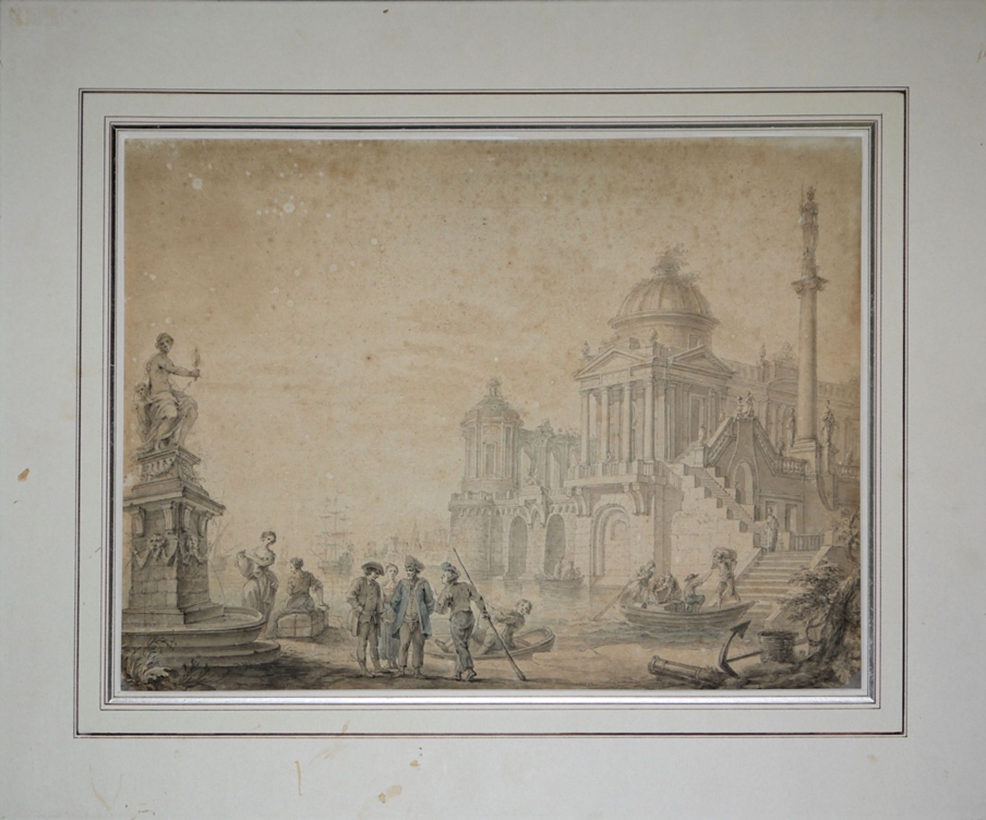 Attributed to Hubert Robert, Many-figured Roman Architectural Capriccio, probably with the Porto Ri - Image 2 of 3