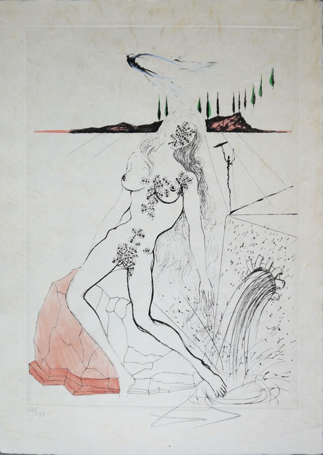 Salvador Dalí, 7 sheets from "Poèmes secrets d`Apollinaire", watercolour drypoint etchings on Japan - Image 5 of 8