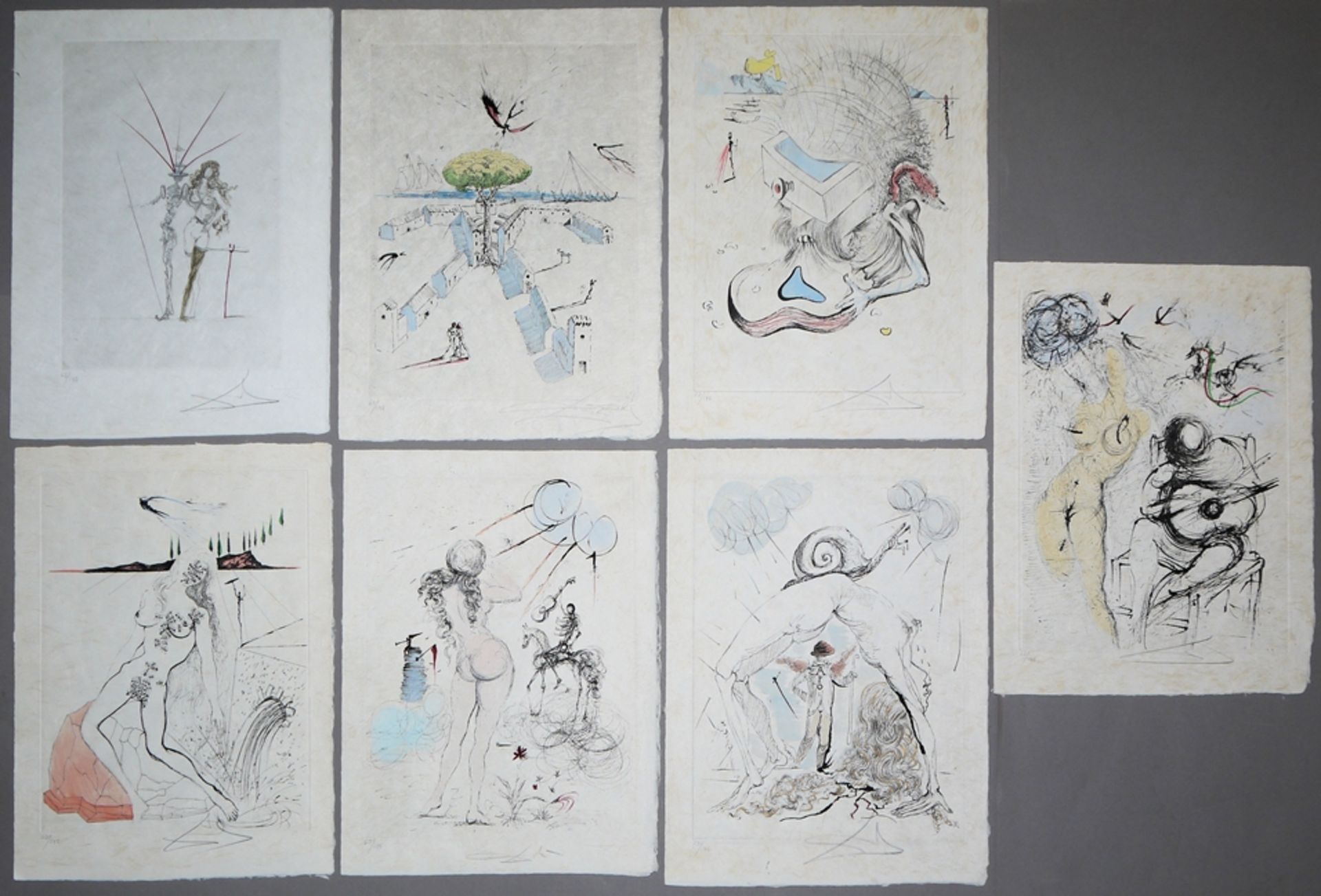 Salvador Dalí, 7 sheets from "Poèmes secrets d`Apollinaire", watercolour drypoint etchings on Japan