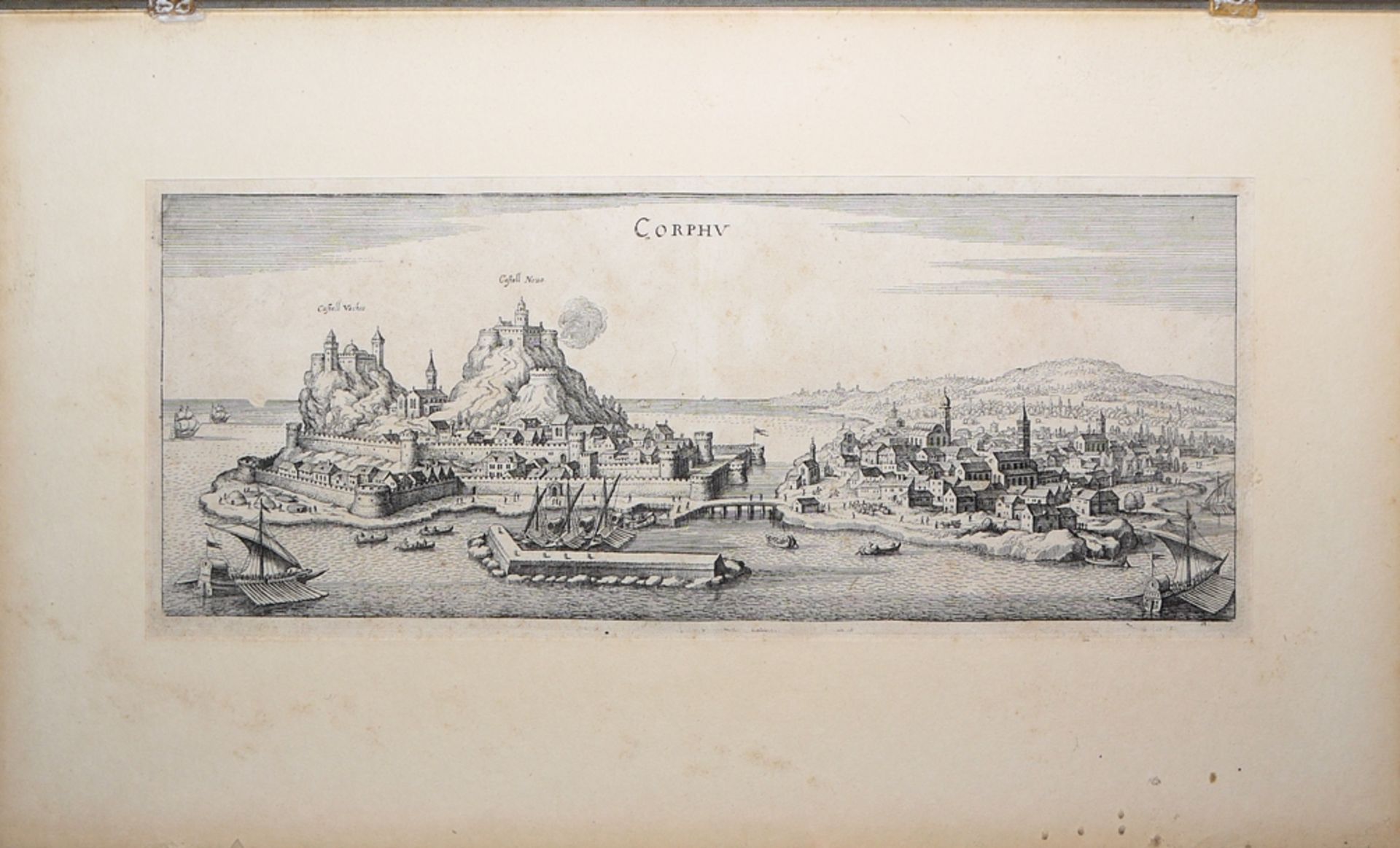 Map of the Bosporus, 2 x Constantinople and Corfu from a bird's-eye view, once by Merian as well as